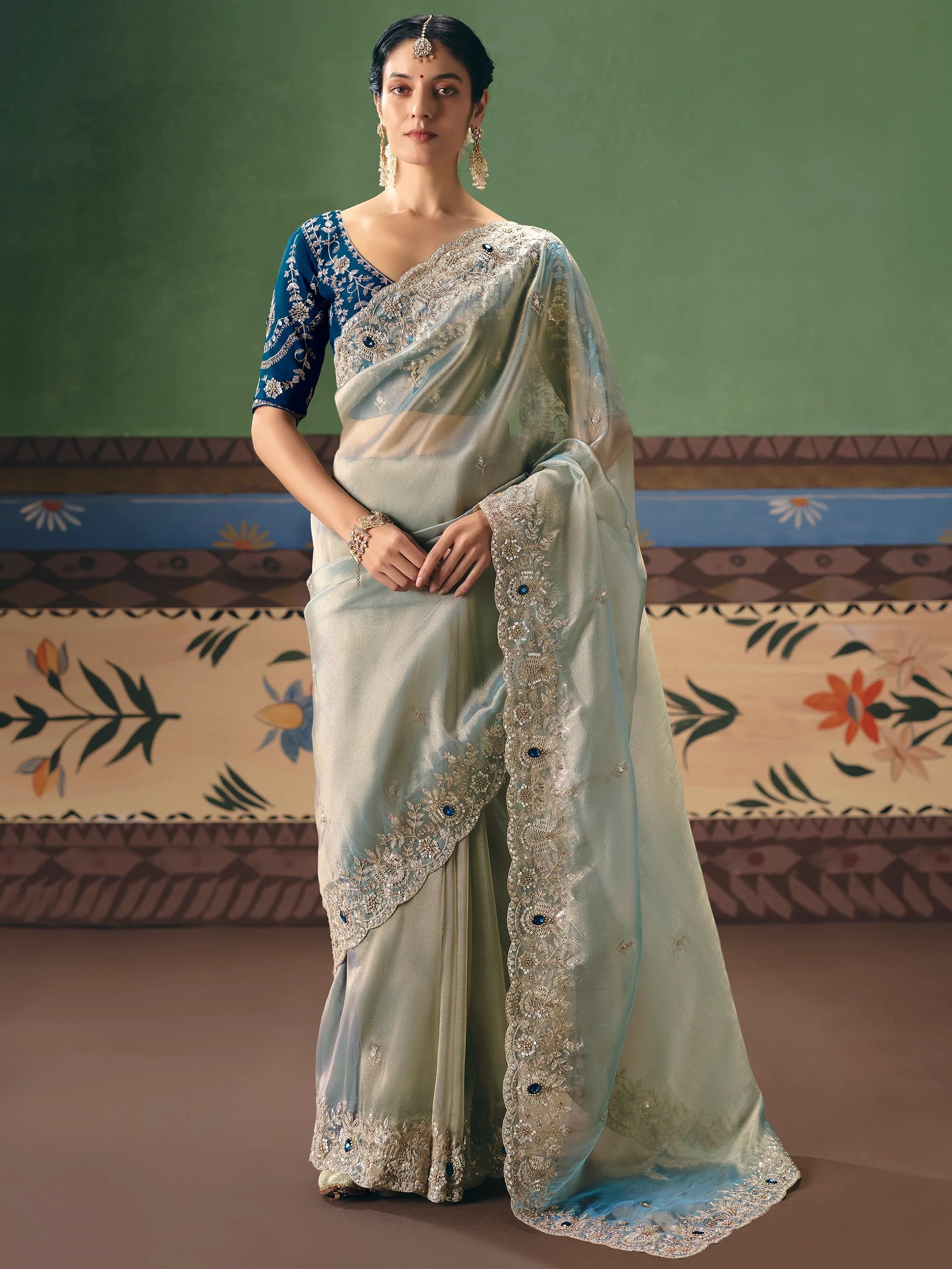 Beautiful Sky-Blue Embroidered Silk Designer Saree With Blouse