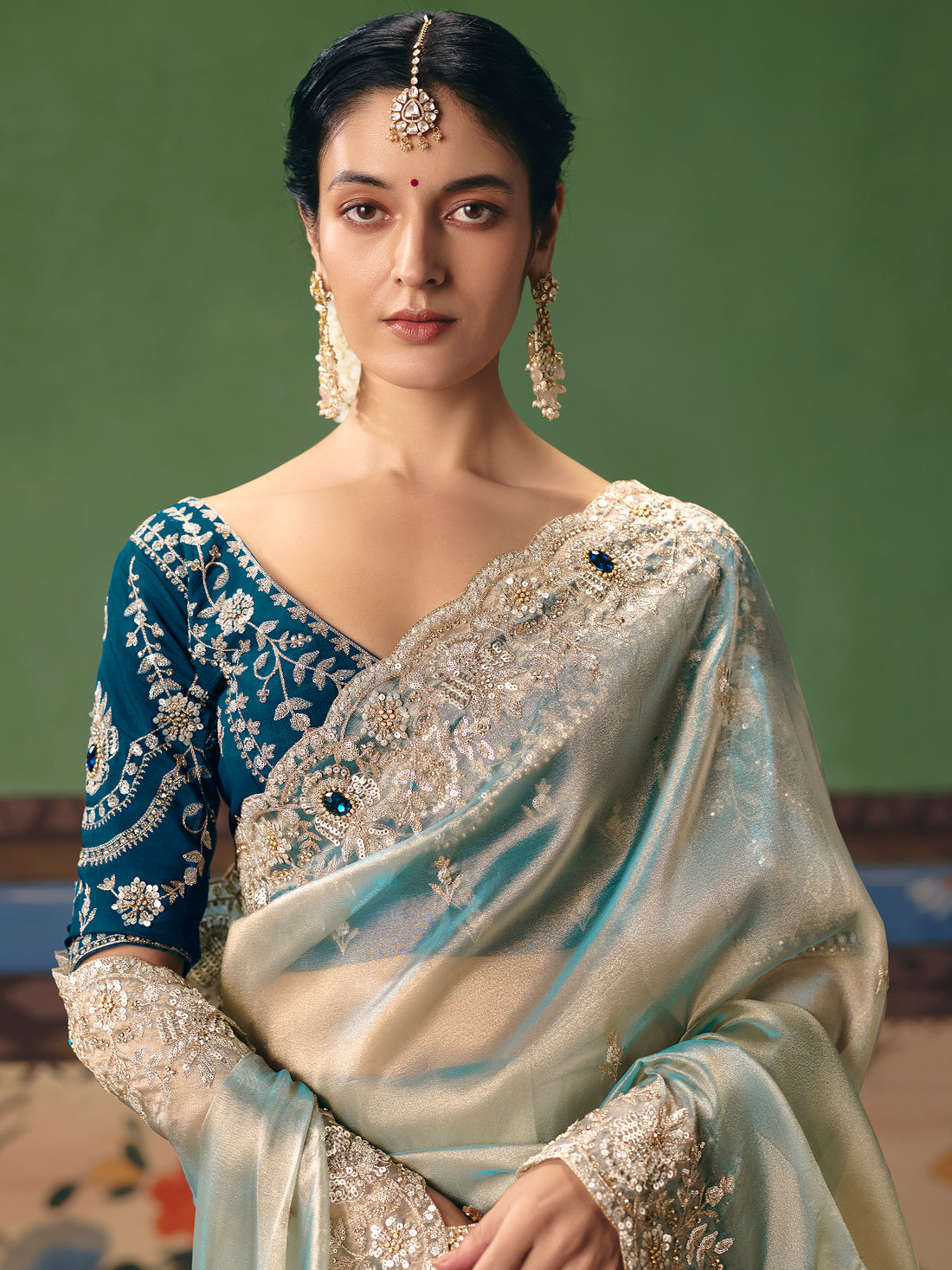 Beautiful Sky-Blue Embroidered Silk Designer Saree With Blouse