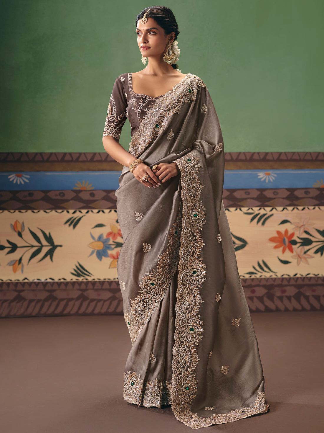 Attractive Grey Sequins Silk Engagement Wear Saree With Blouse