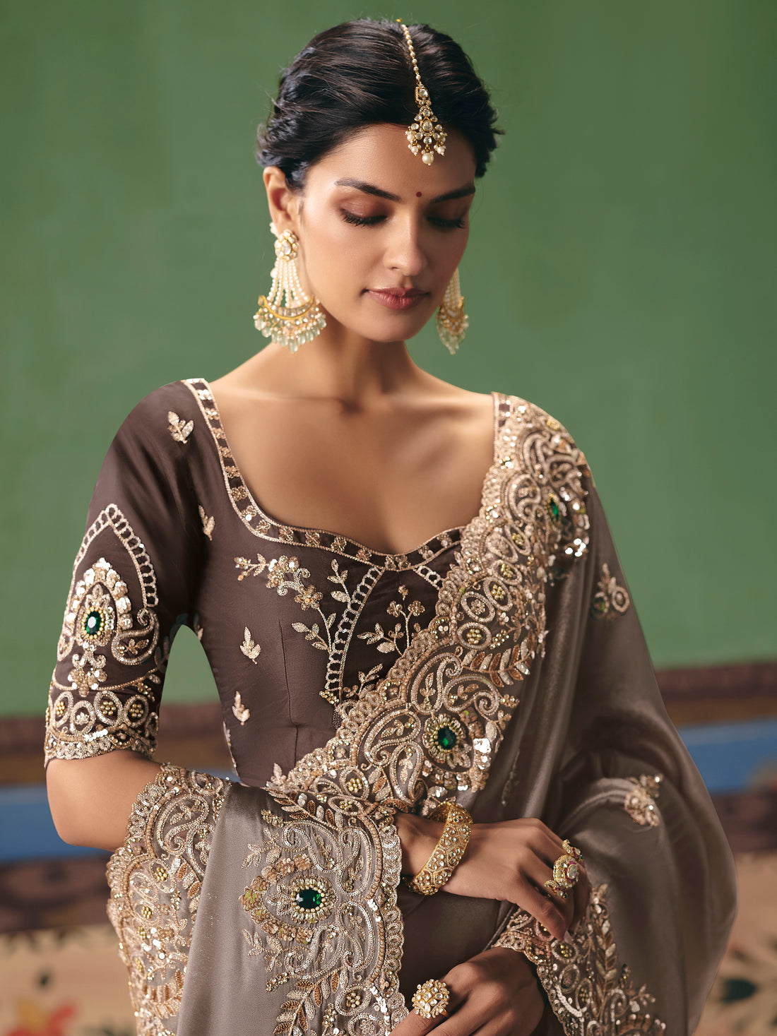 Attractive Grey Sequins Silk Engagement Wear Saree With Blouse