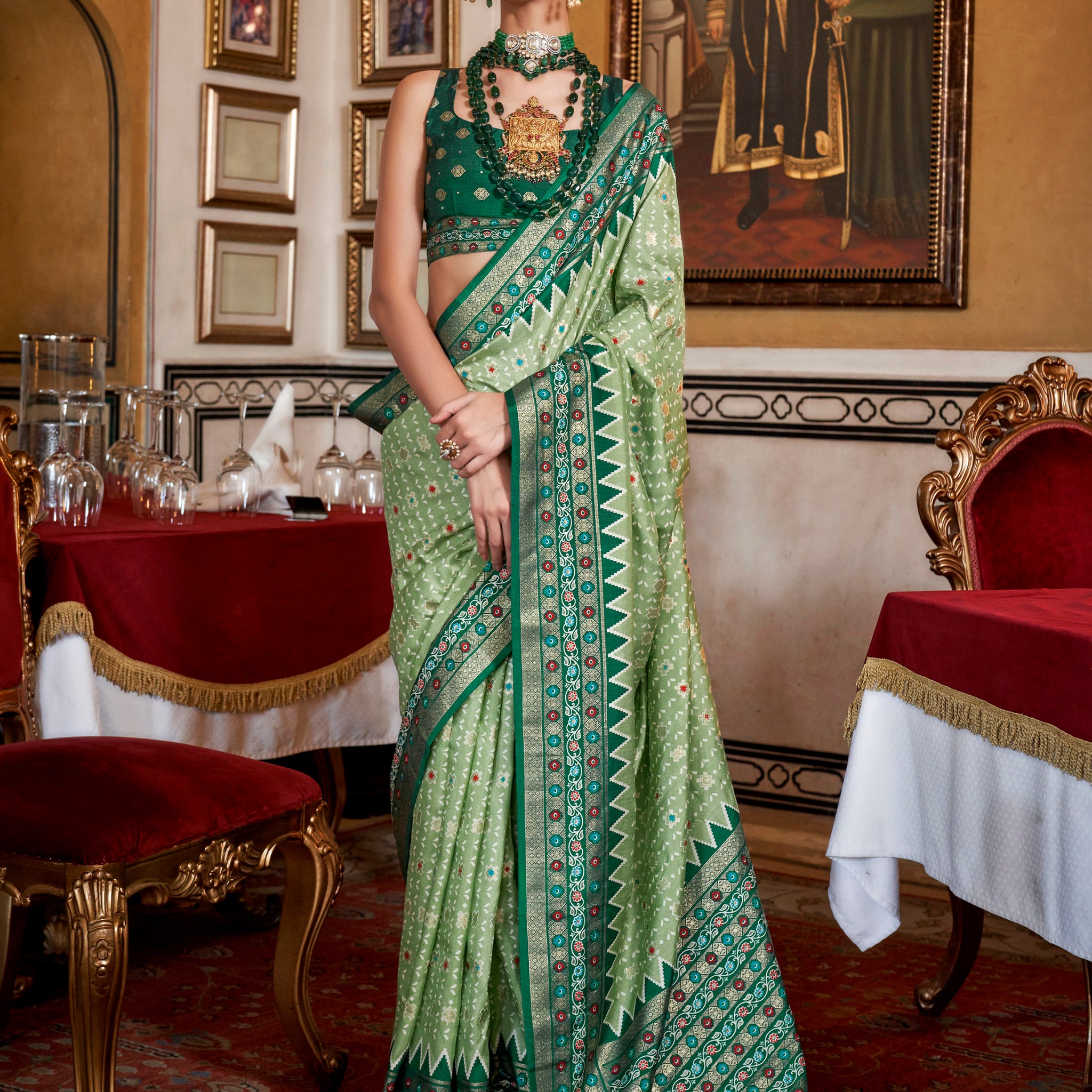 Gorgeous Pista Green Printed Silk Event Wear Saree With Blouse