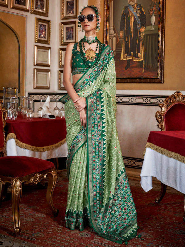 Gorgeous Pista Green Printed Silk Event Wear Saree With Blouse