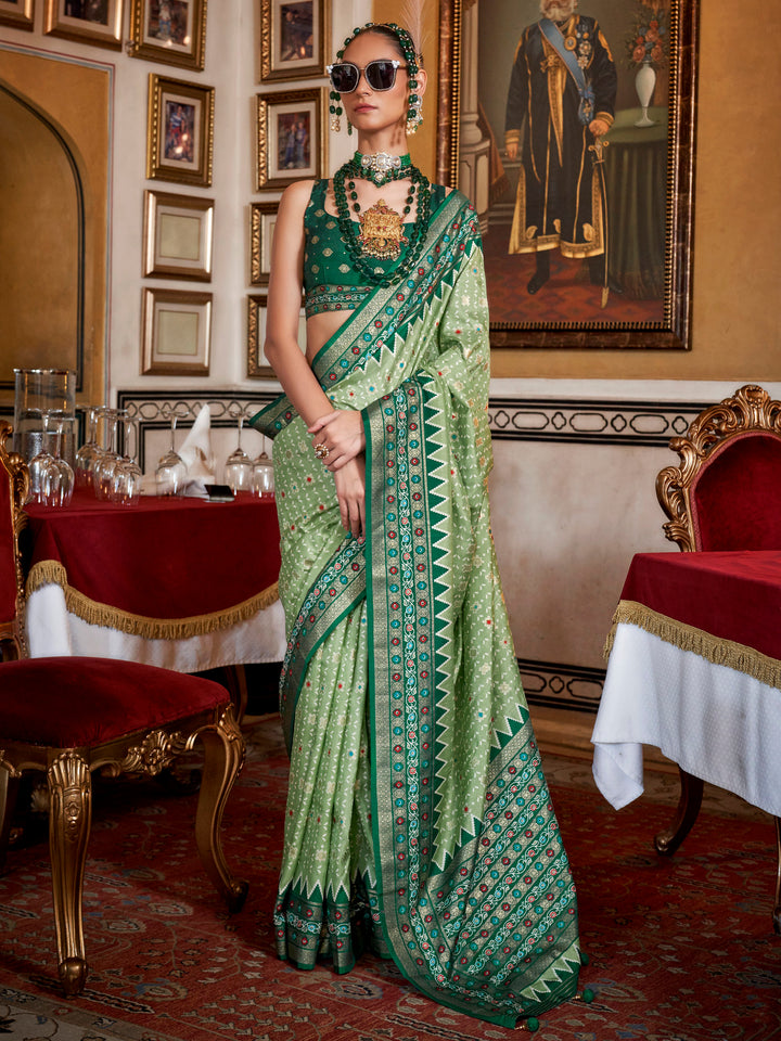 Gorgeous Pista Green Printed Silk Event Wear Saree With Blouse