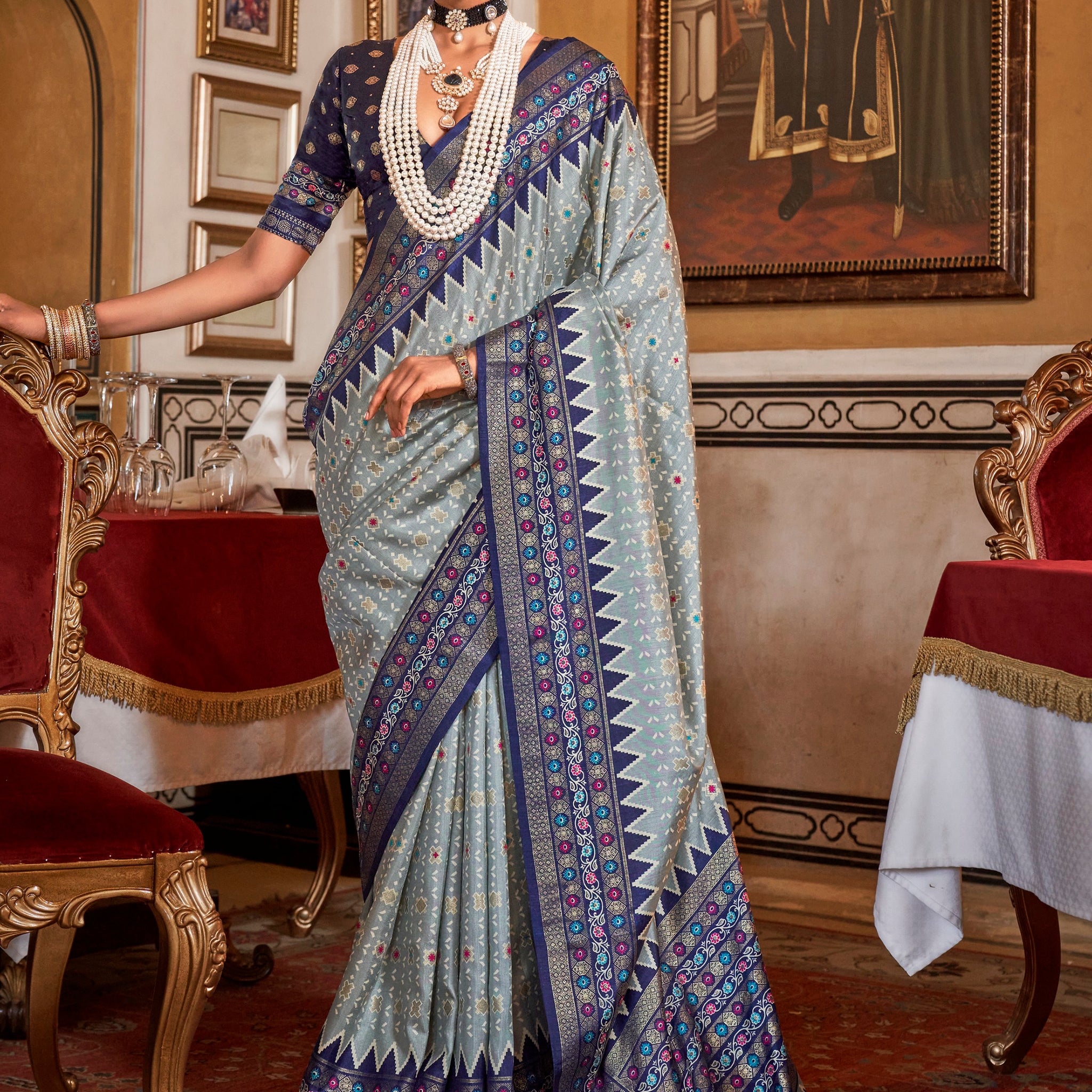 Enchanting Blue Printed Silk Festival Wear Saree With Blouse