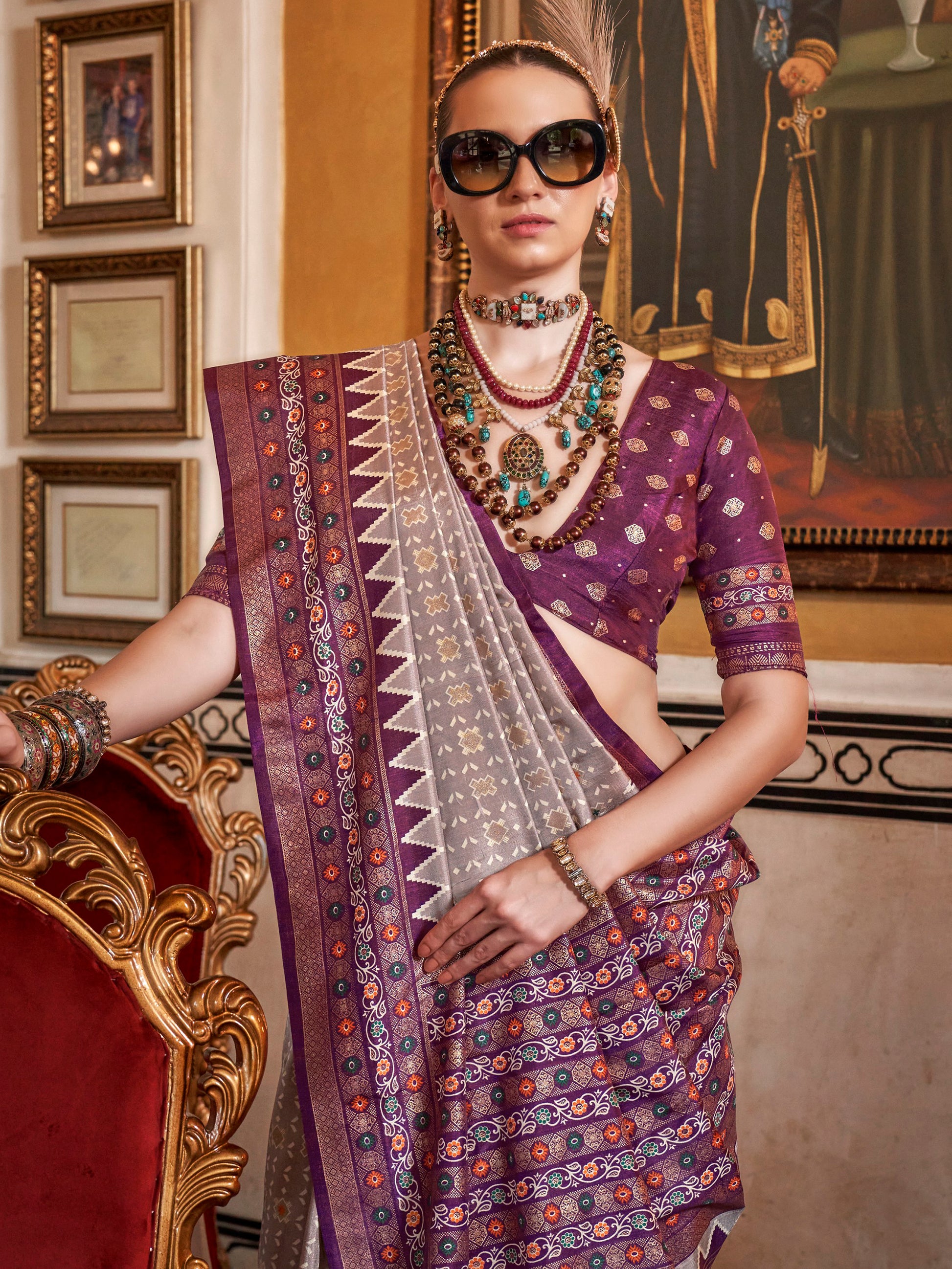 Glamorous Grey Printed Silk Traditional Saree With Blouse