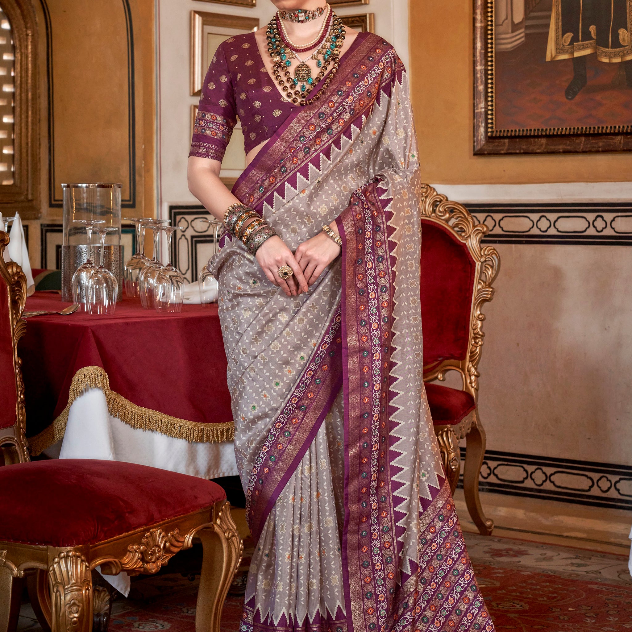 Glamorous Grey Printed Silk Traditional Saree With Blouse