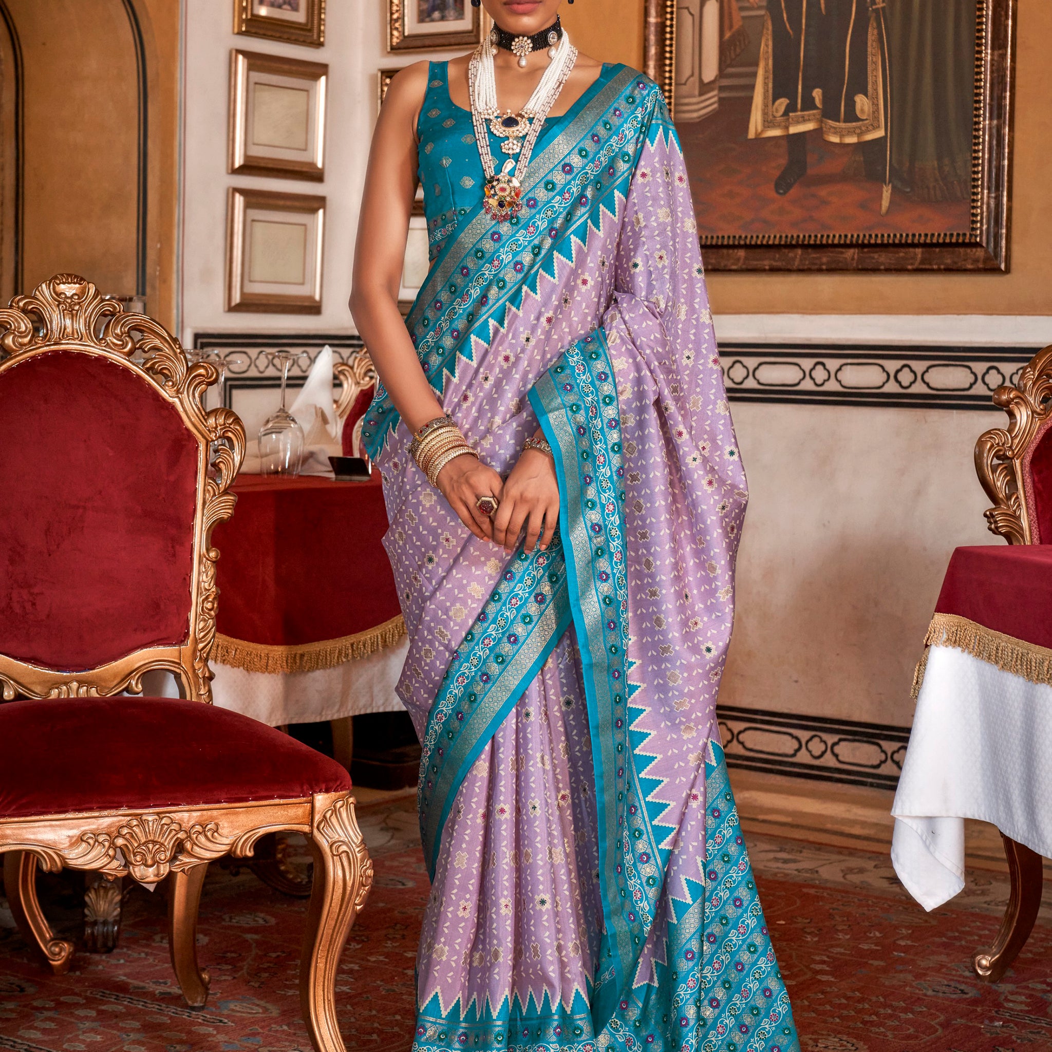 Alluring Lavender Printed Silk Festival Wear Saree With Blouse