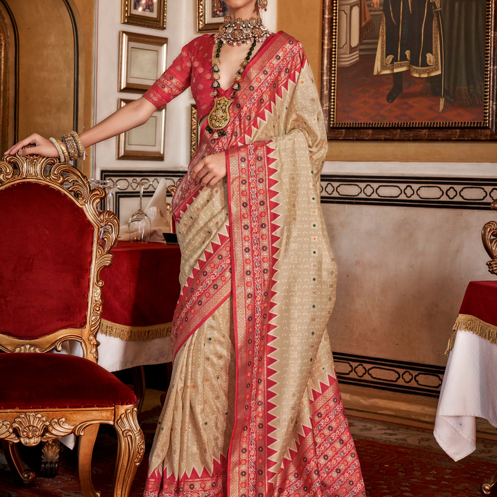 Charming Beige Printed Silk Event Wear Saree With Blouse