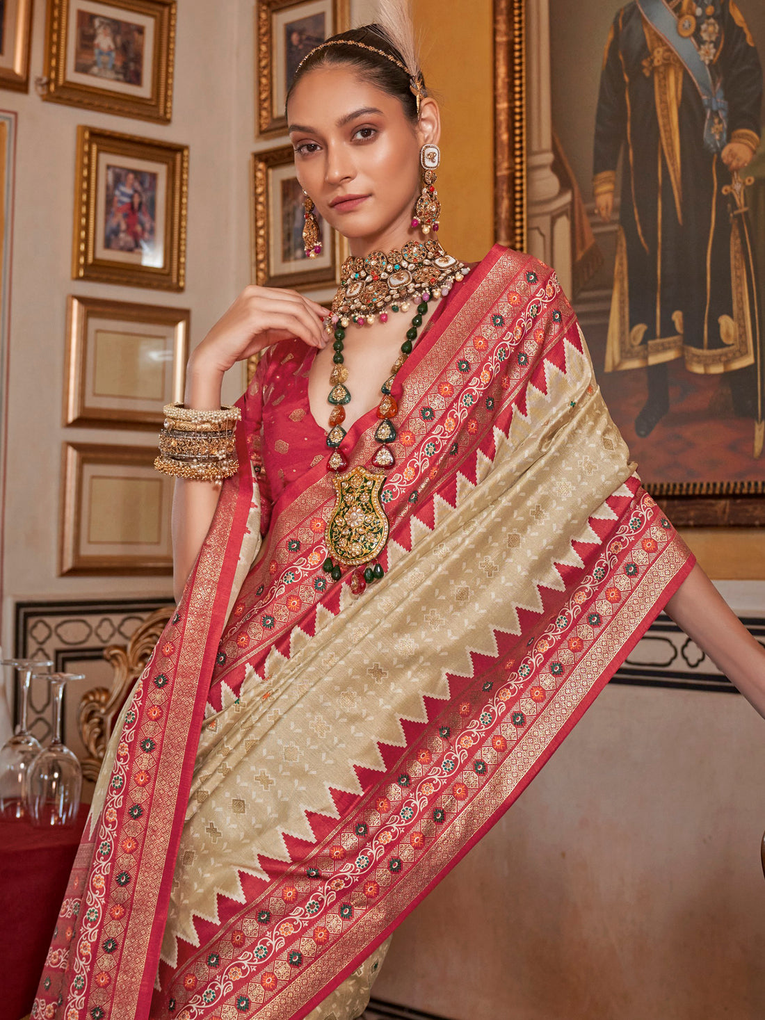 Charming Beige Printed Silk Event Wear Saree With Blouse