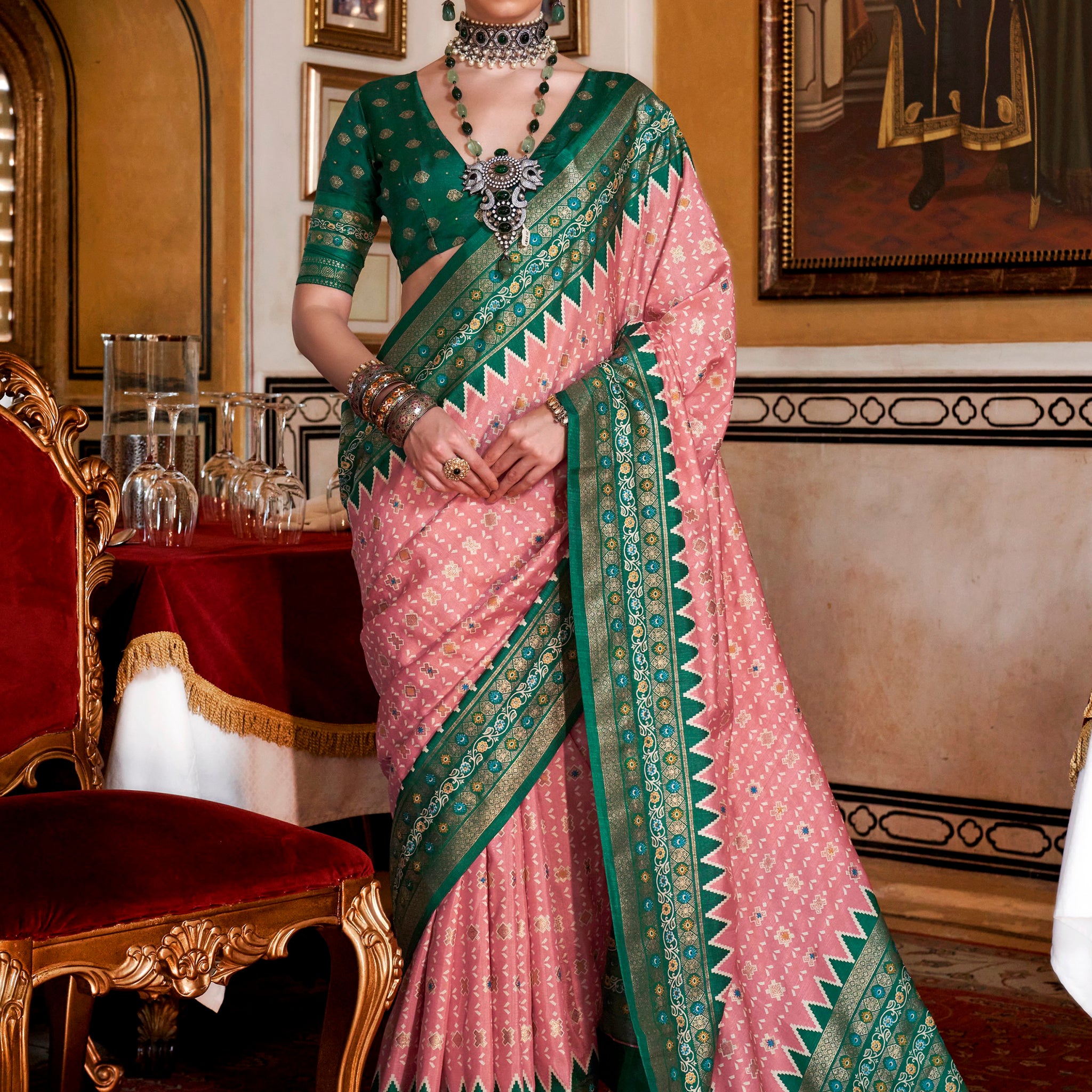 Captivating Pink Printed Silk Function Wear Saree With Blouse
