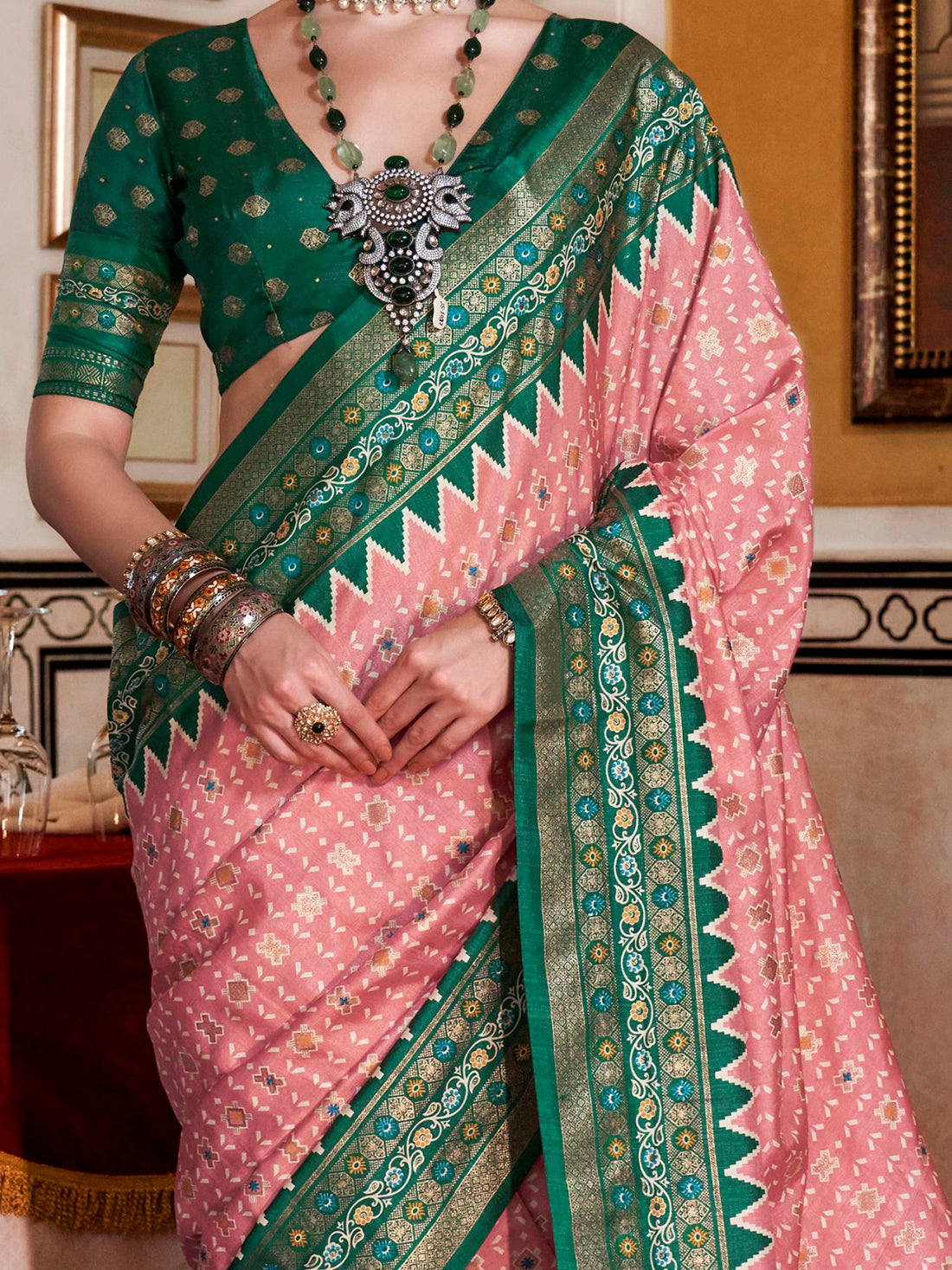 Captivating Pink Printed Silk Function Wear Saree With Blouse