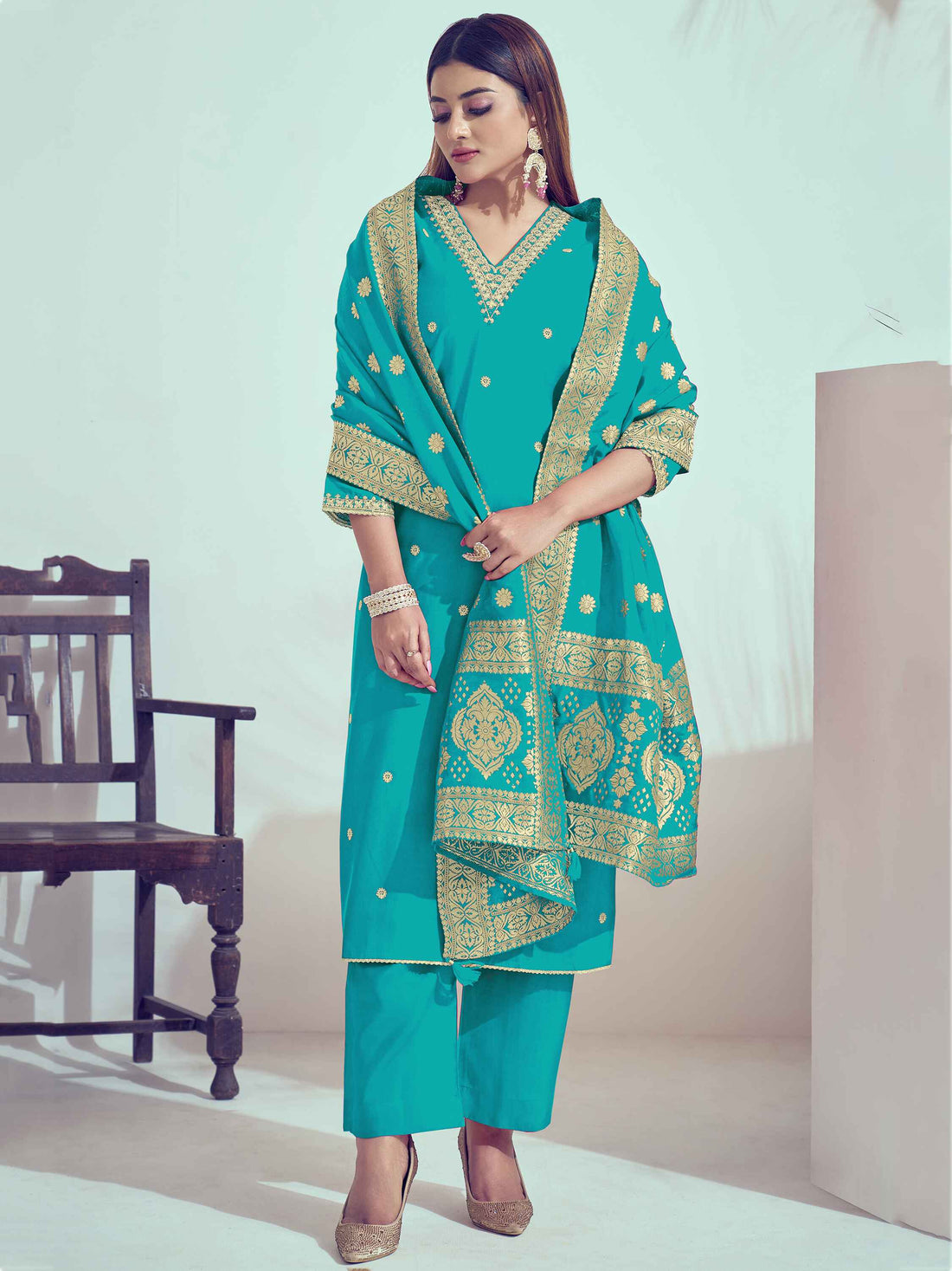 Stunning Sky-Blue Cord Embroidery Silk Wedding Wear Pant Suit