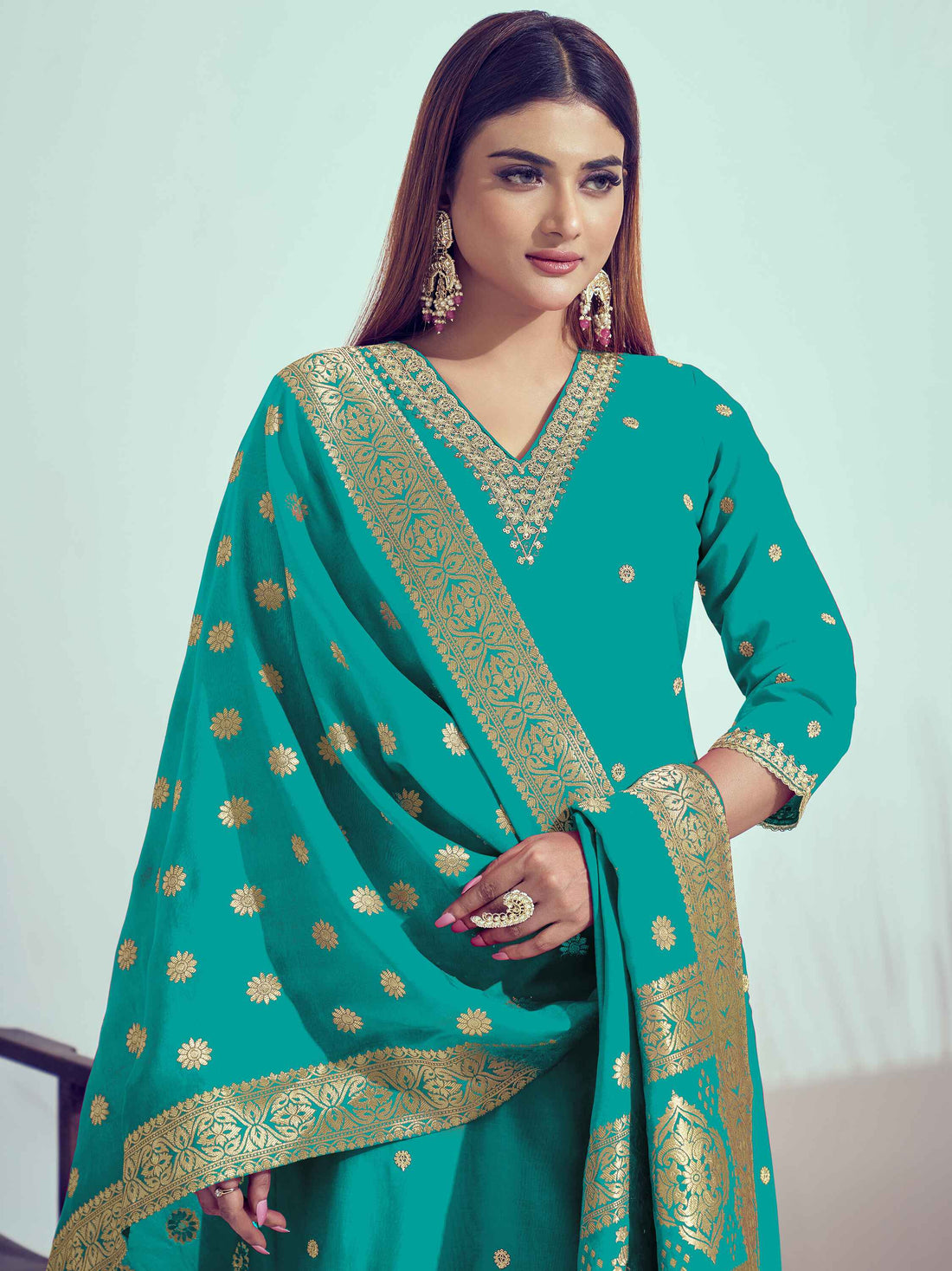 Stunning Sky-Blue Cord Embroidery Silk Wedding Wear Pant Suit