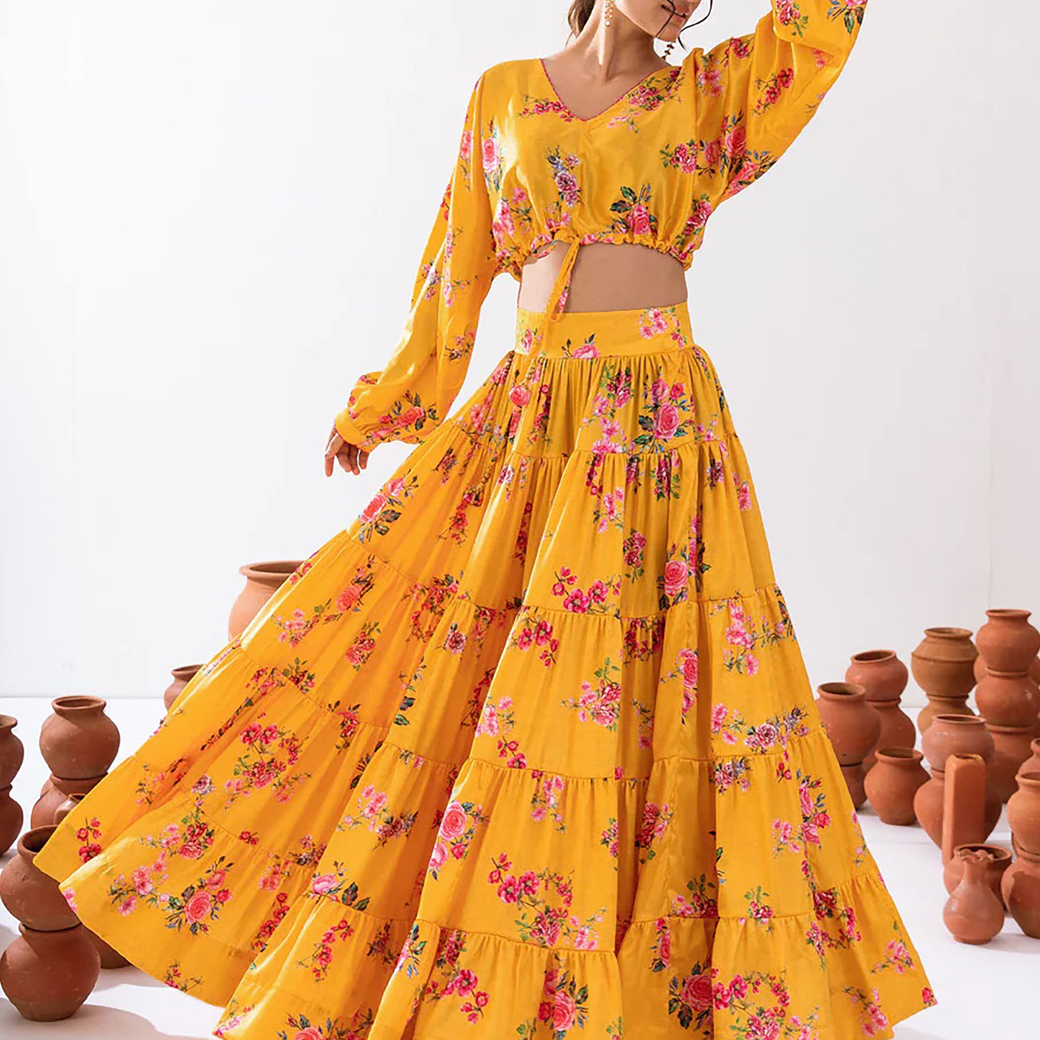Fascinating Yellow Floral Printed Chinon Haldi Wear Crop Top Lehenga