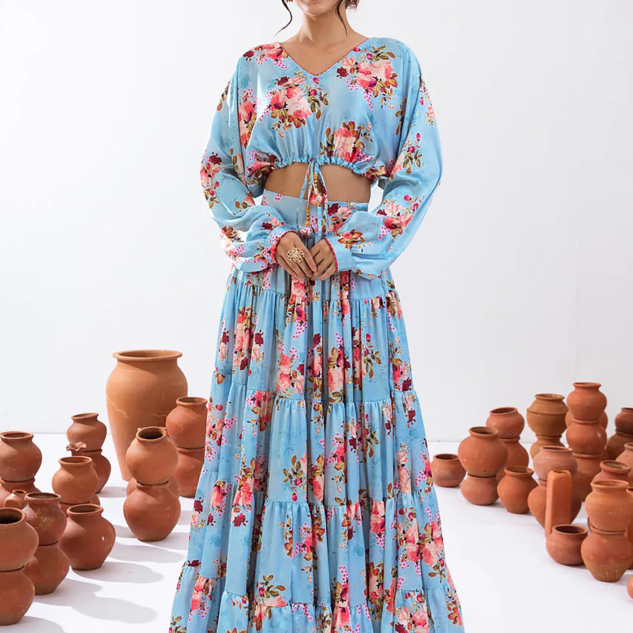 Alluring Sky Blue Floral Printed Chinon Event Wear Crop Top Lehenga