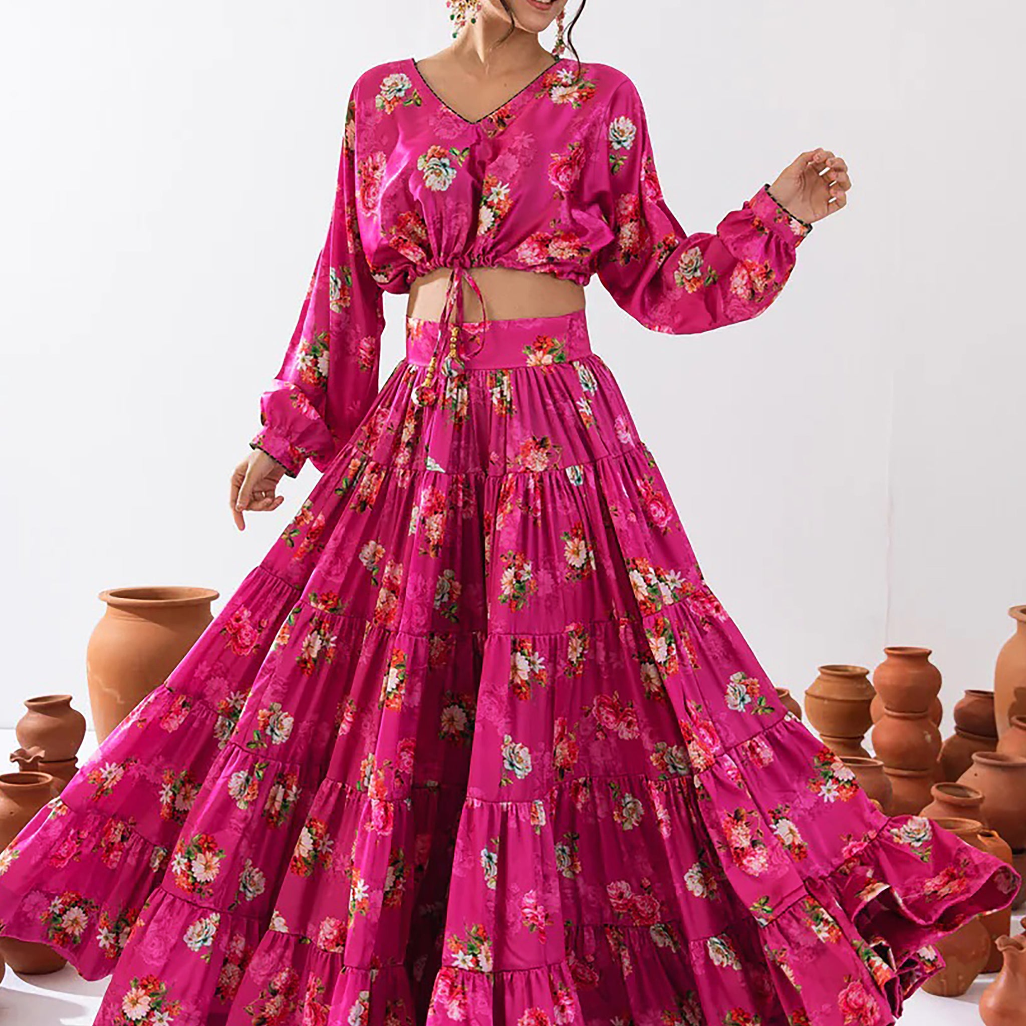 Magnetic Magenta Floral Printed Chinon Festival Wear Crop Top Lehenga