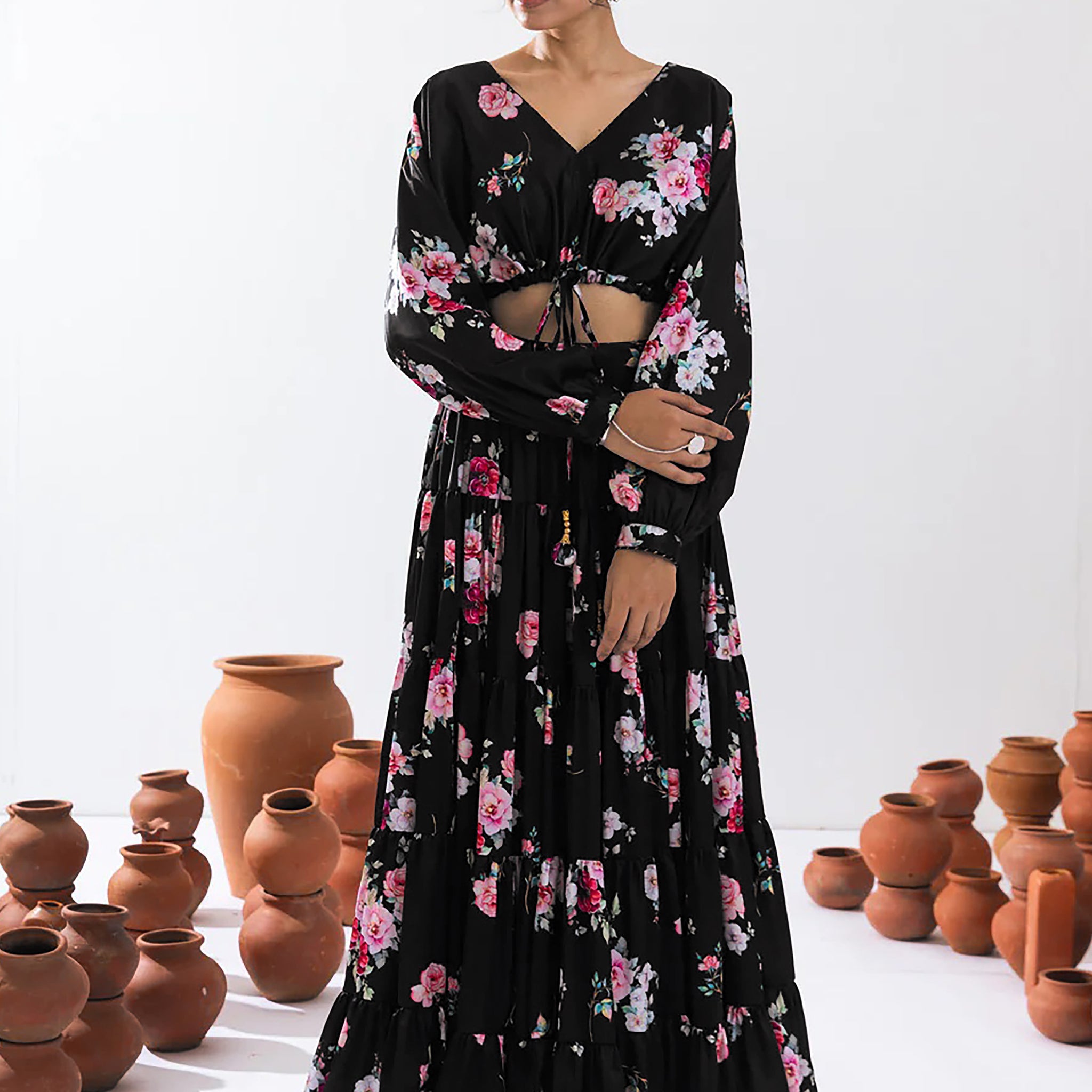 Attractive Black Floral Printed Chinon Party Wear Crop Top Lehenga