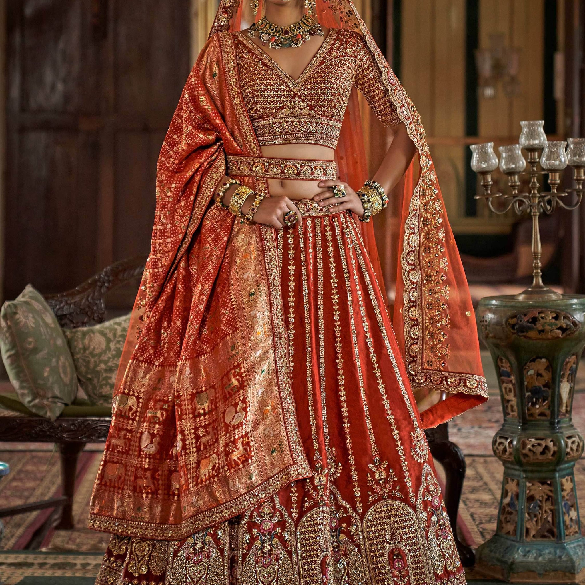 Alluring Orange Thread Embroidery Silk Bridal Lehenga Choli With Double Dupatta