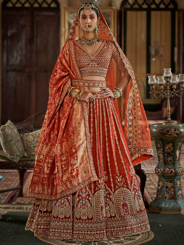 Alluring Orange Thread Embroidery Silk Bridal Lehenga Choli With Double Dupatta