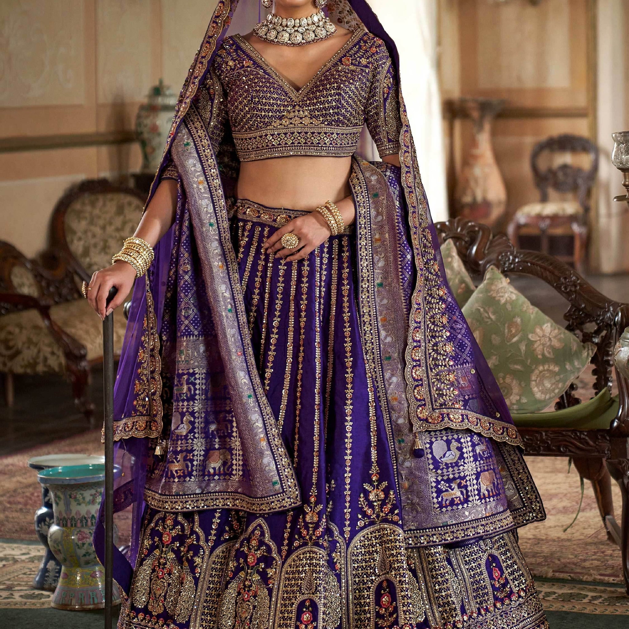 Dreamy Royal Blue Heavy Embroidered Silk Bridal Lehenga Choli With Double Dupatta