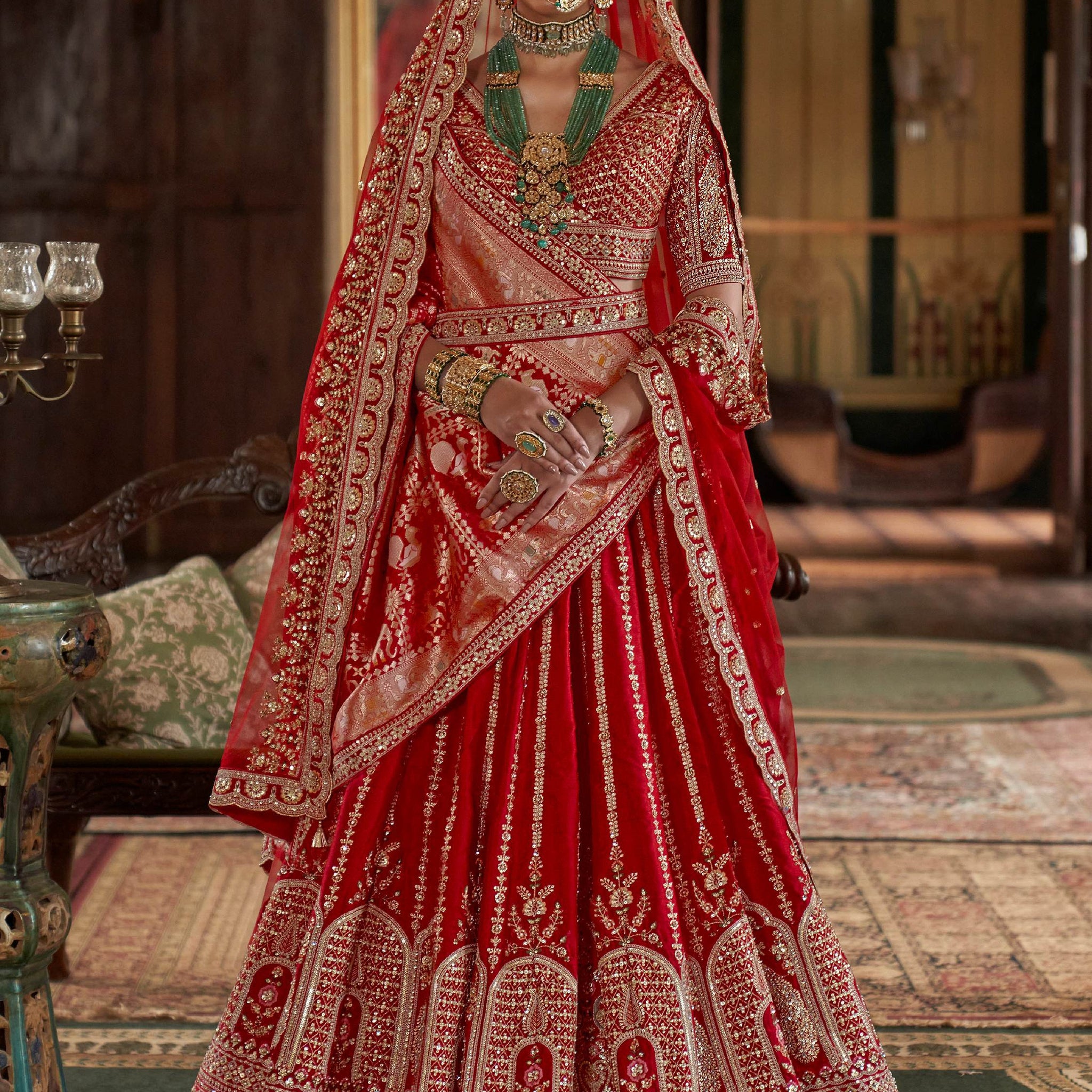 Incredible Red Sequins Work Silk Bridal Lehenga Choli With Double Dupatta