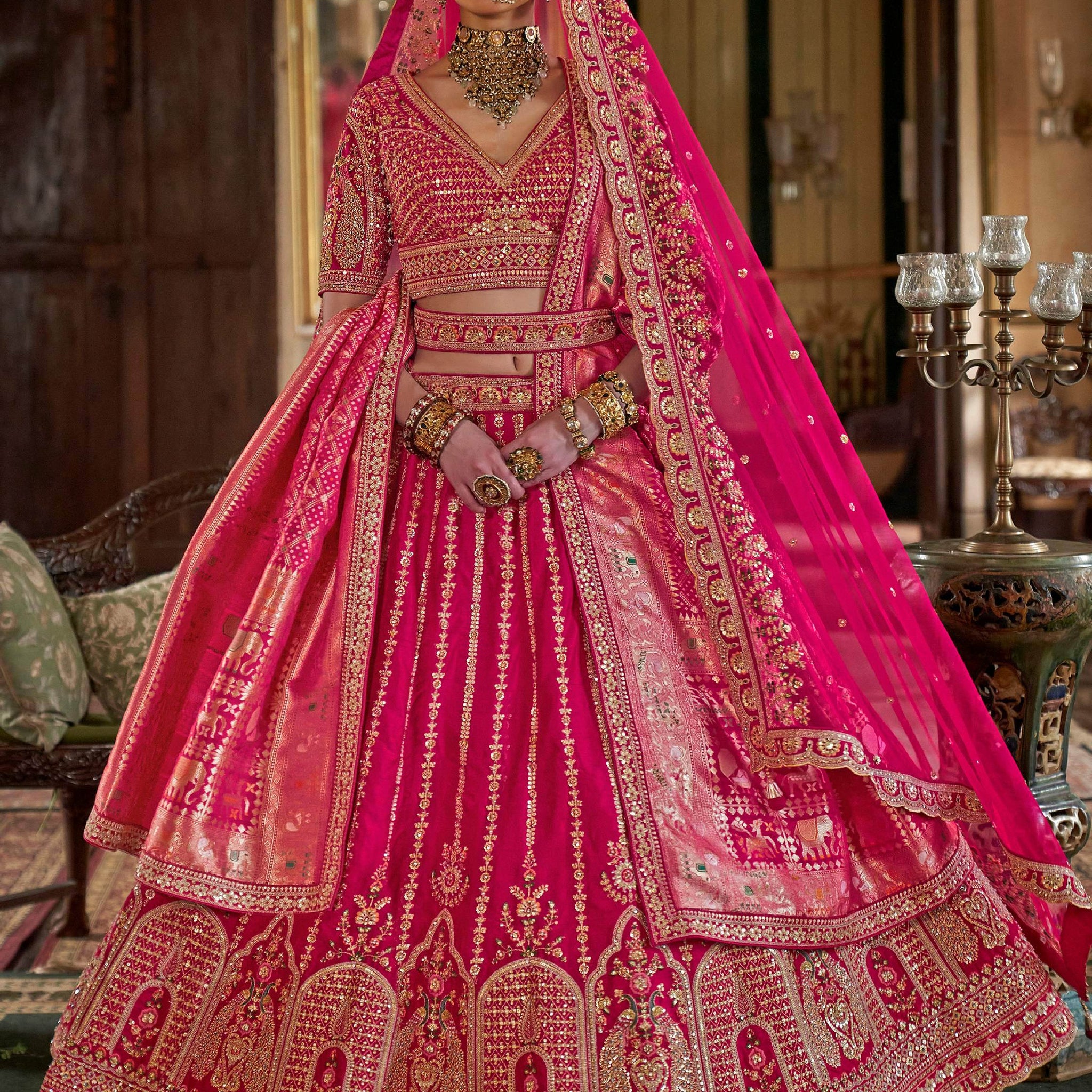 Gorgeous Hot Pink Pearl Work Silk Bridal Lehenga Choli With Double Dupatta