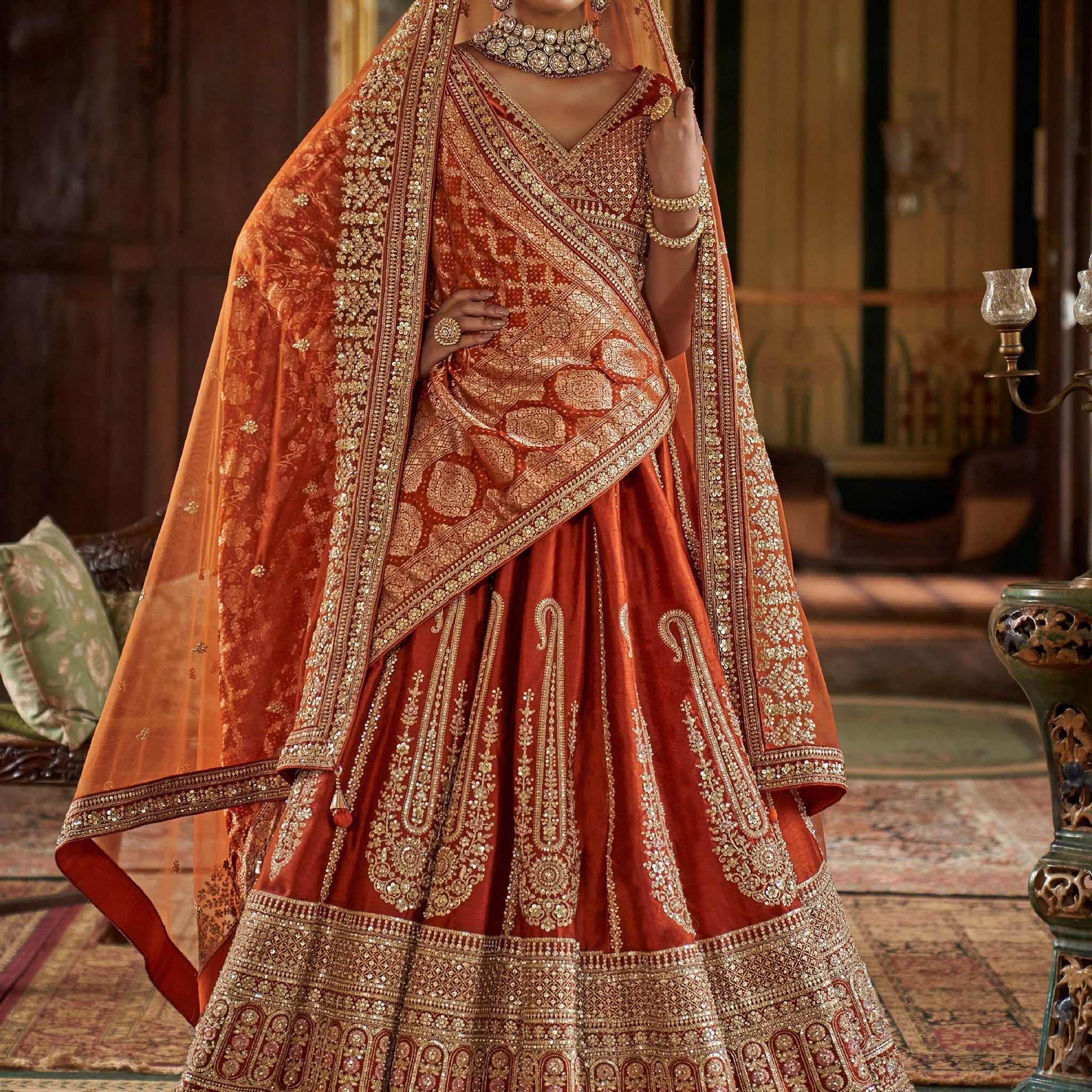 Fabulous Orange Embroidered Silk Bridal Lehenga Choli With Double Dupatta