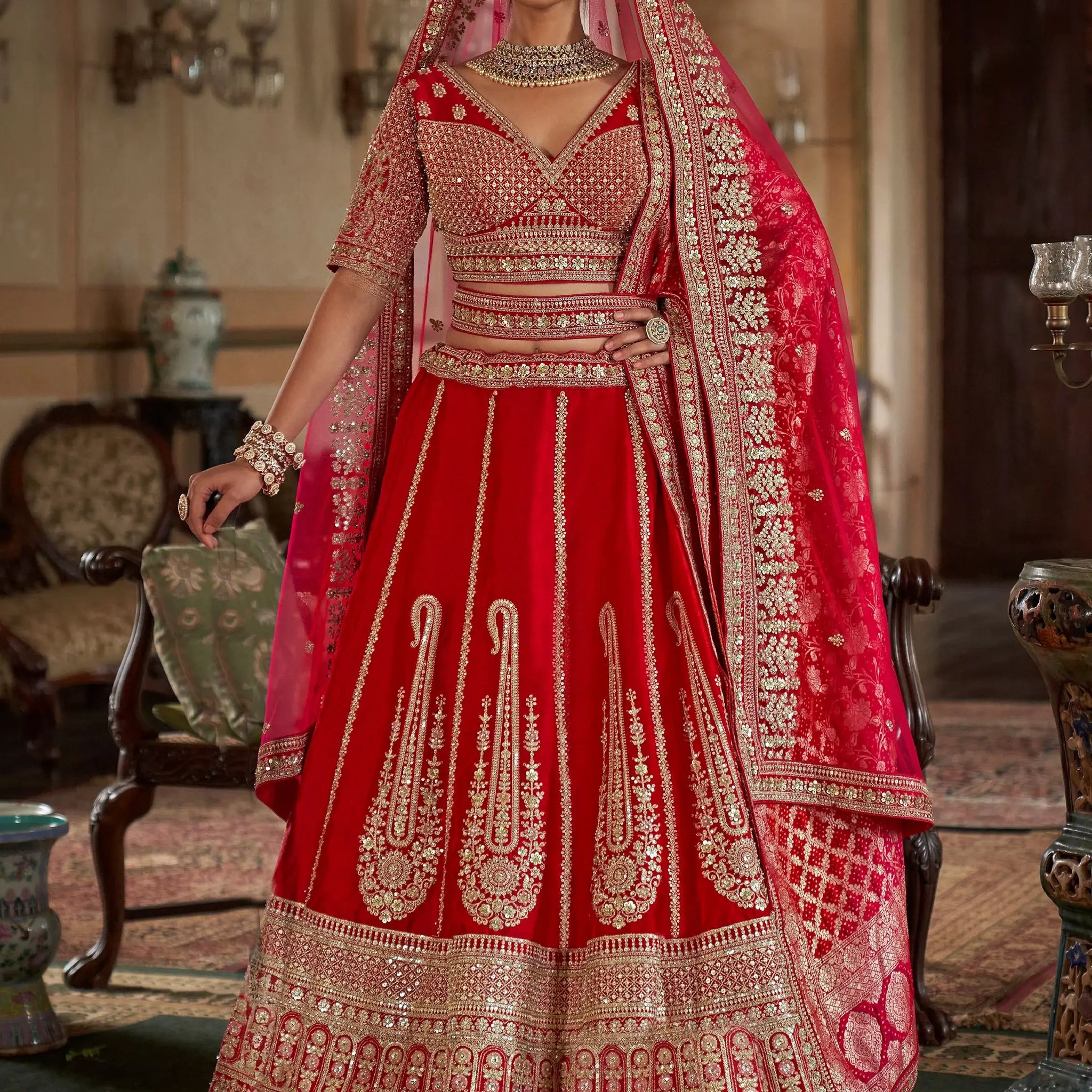 Amazing Red Floral Embroidered Silk Bridal Lehenga Choli With Double Dupatta