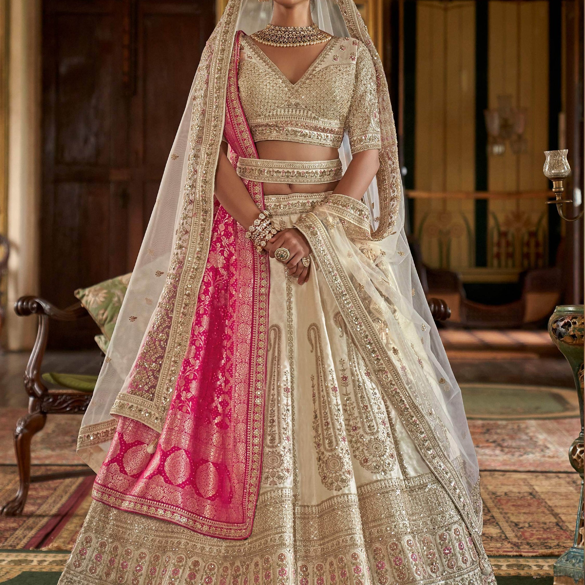 Classic Off-White Thread Work Silk Bridal Lehenga Choli With Double Dupatta