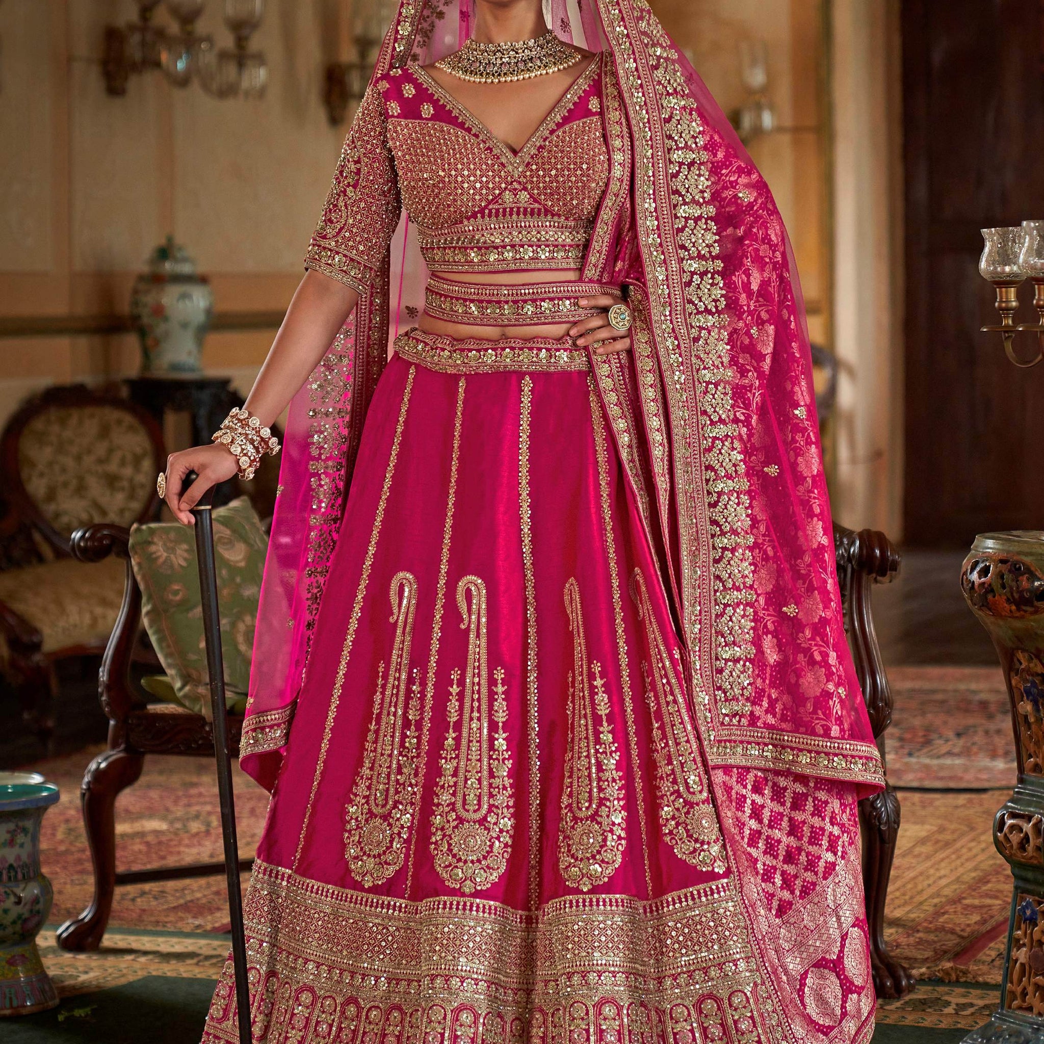Regal Hot Pink Heavy Embroidered Silk Bridal Lehenga Choli With Double Dupatta