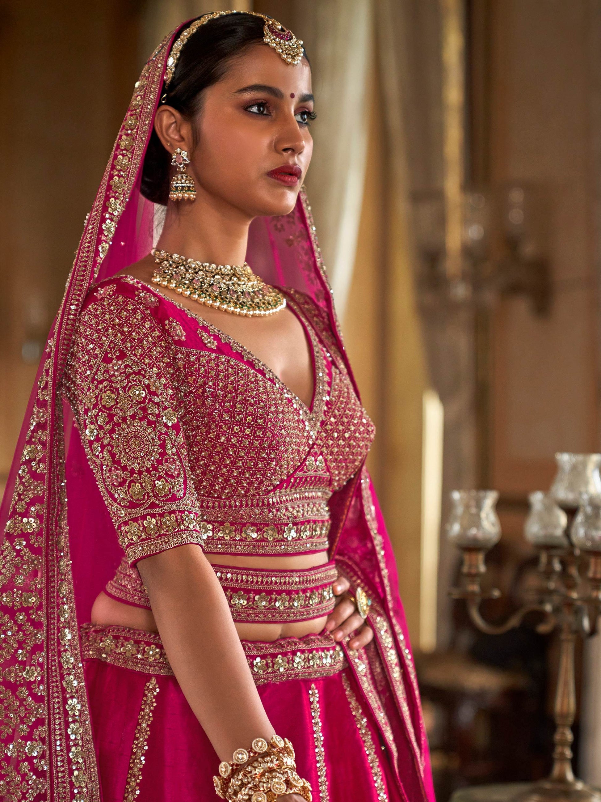 Regal Hot Pink Heavy Embroidered Silk Bridal Lehenga Choli With Double Dupatta