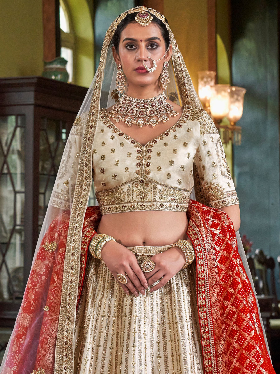 Phenomenal Cream Thread Embroidered Silk Bridal Lehenga Choli With Double Dupatta