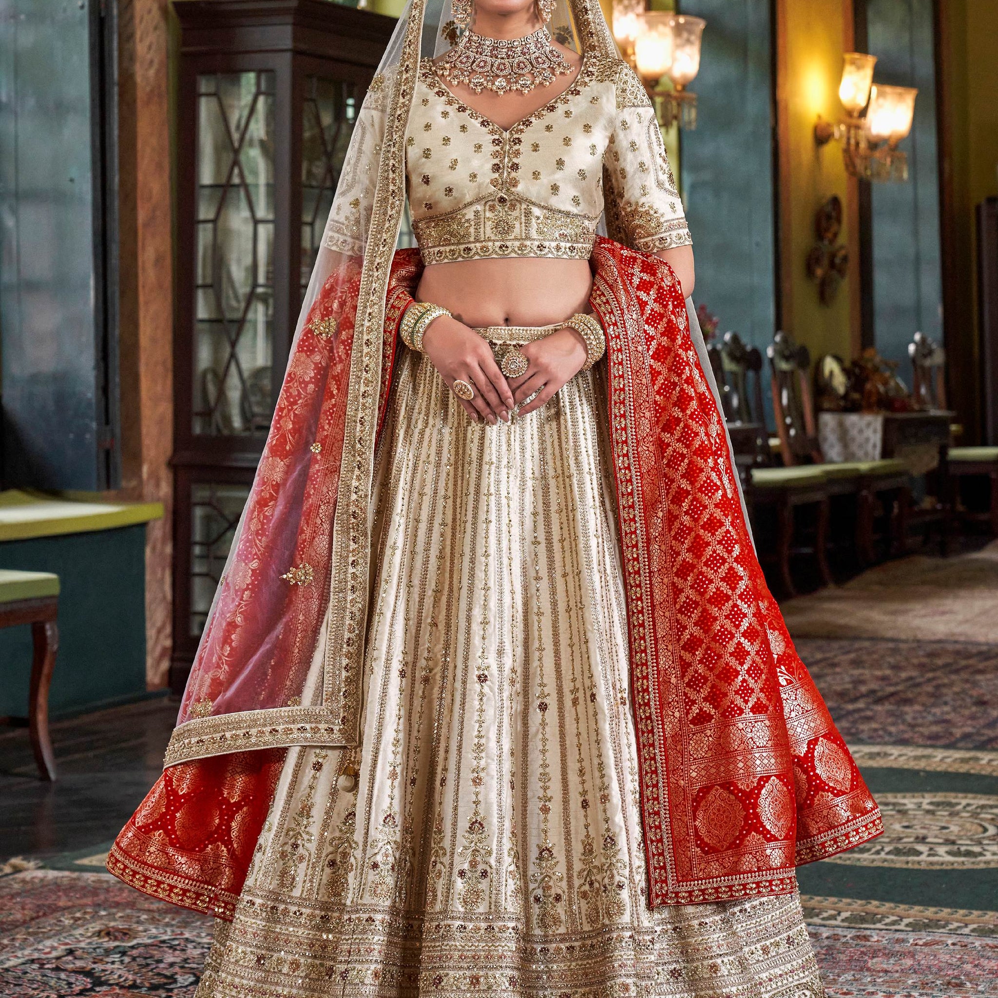 Phenomenal Cream Thread Embroidered Silk Bridal Lehenga Choli With Double Dupatta