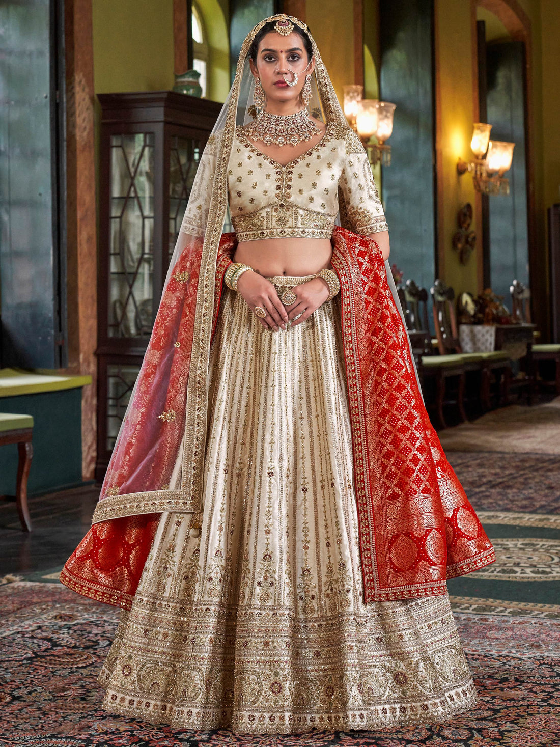 Phenomenal Cream Thread Embroidered Silk Bridal Lehenga Choli With Double Dupatta