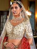 Phenomenal Cream Thread Embroidered Silk Bridal Lehenga Choli With Double Dupatta