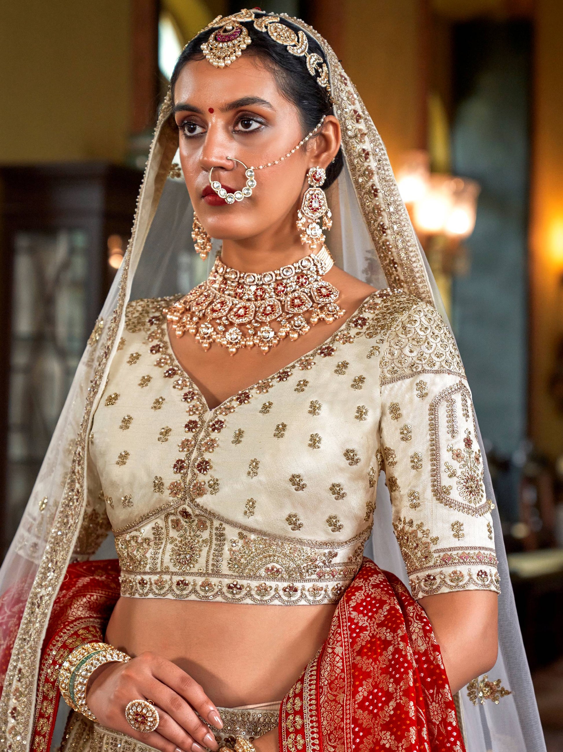 Phenomenal Cream Thread Embroidered Silk Bridal Lehenga Choli With Double Dupatta