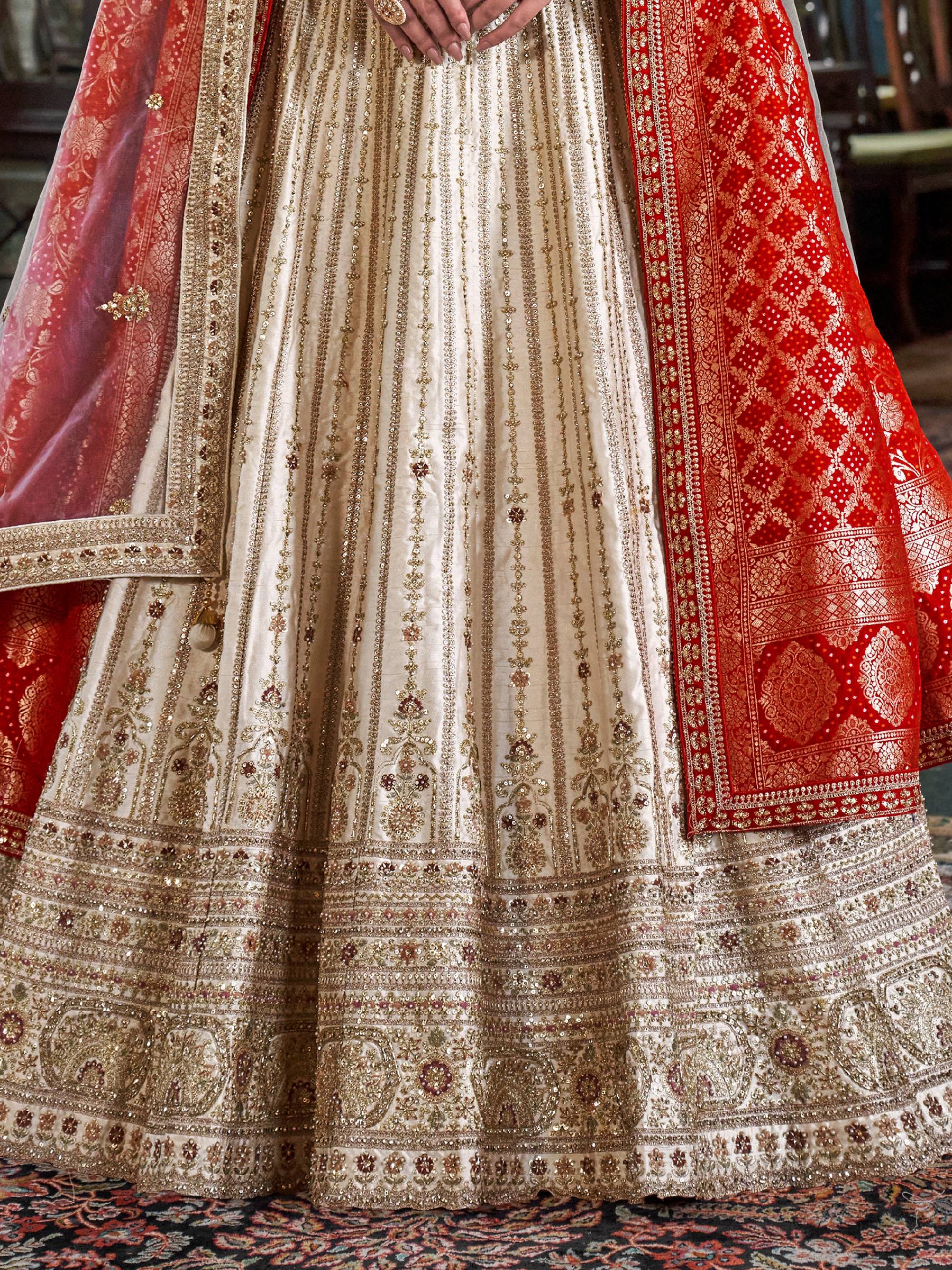 Phenomenal Cream Thread Embroidered Silk Bridal Lehenga Choli With Double Dupatta