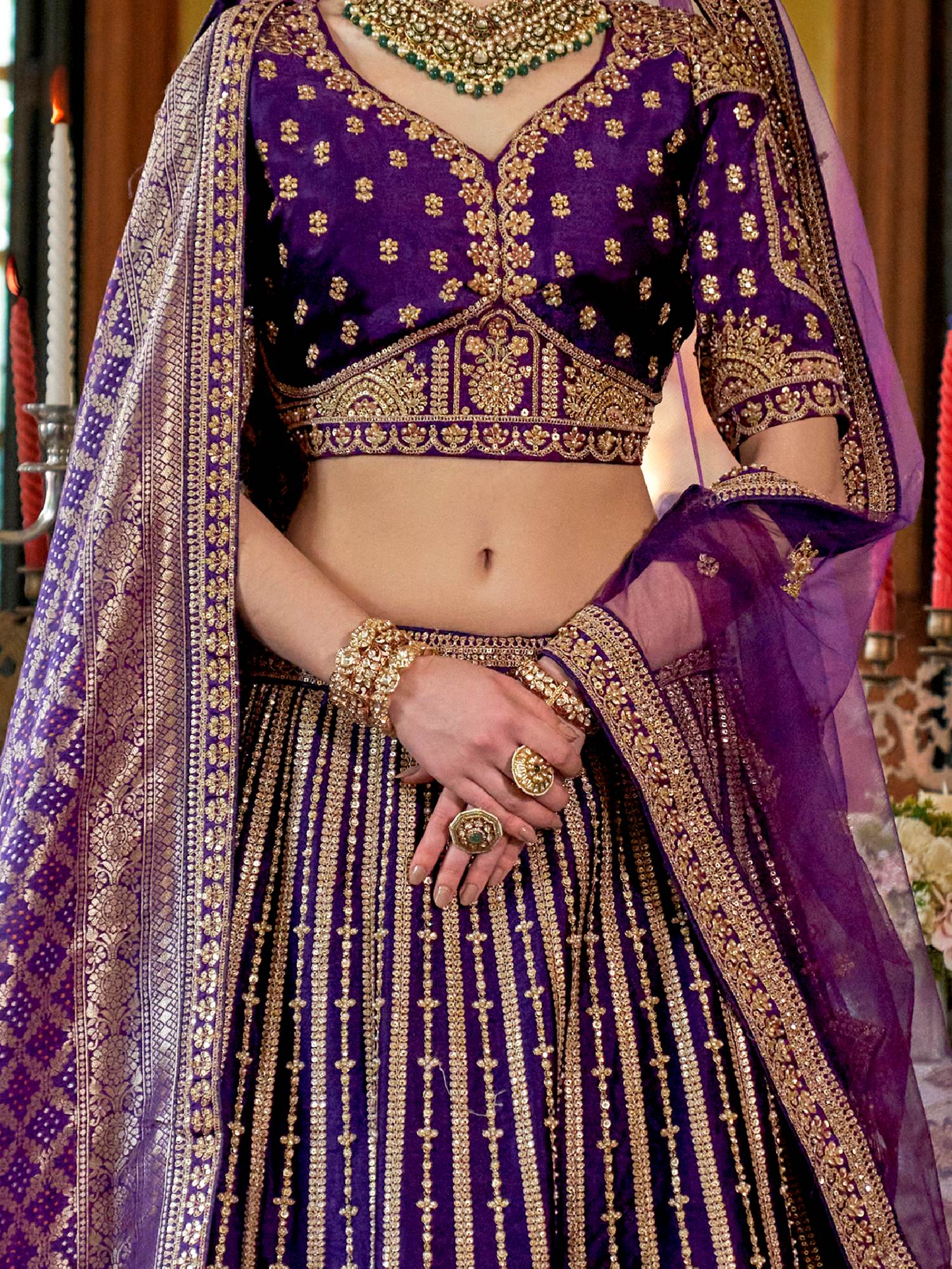 Brilliant Purple Pearl Work Silk Bridal Lehenga Choli With Double Dupatta