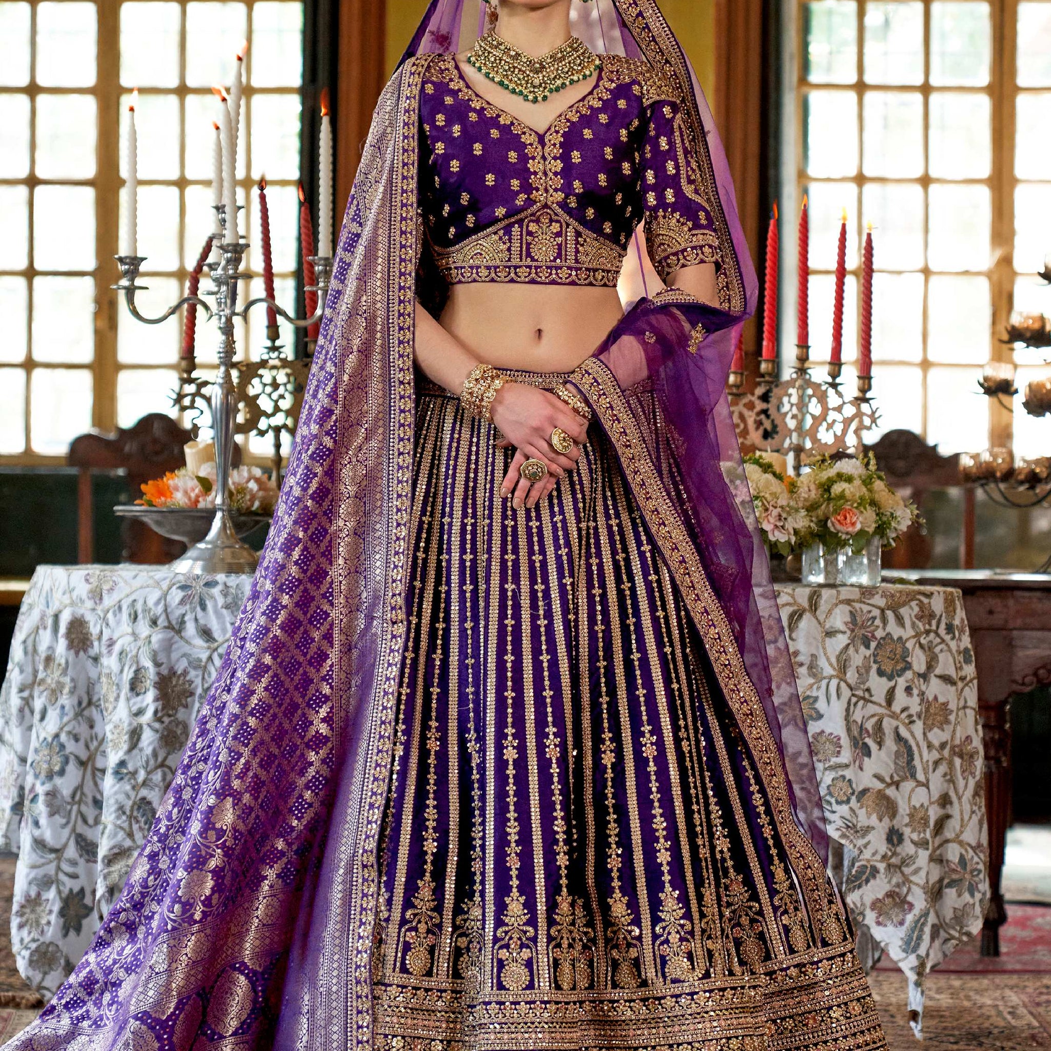 Brilliant Purple Pearl Work Silk Bridal Lehenga Choli With Double Dupatta