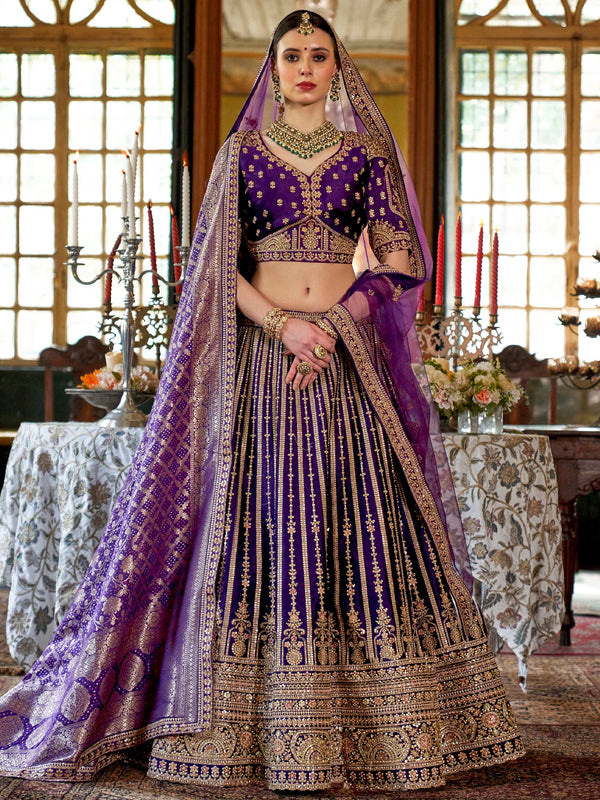 Brilliant Purple Pearl Work Silk Bridal Lehenga Choli With Double Dupatta