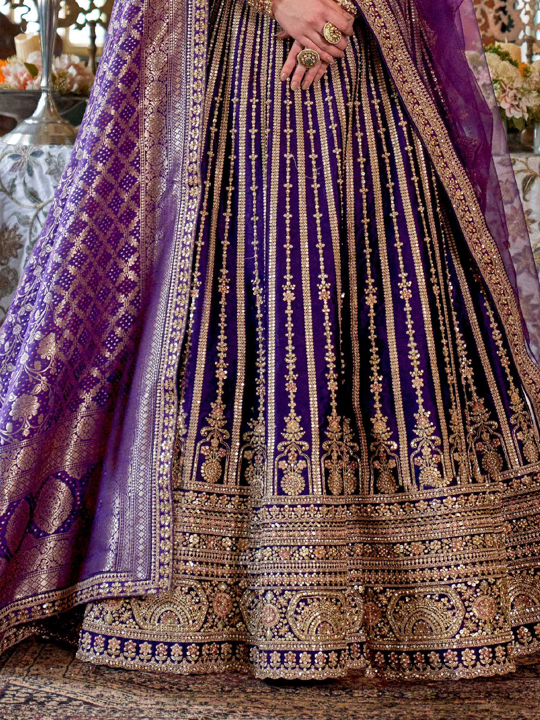 Brilliant Purple Pearl Work Silk Bridal Lehenga Choli With Double Dupatta