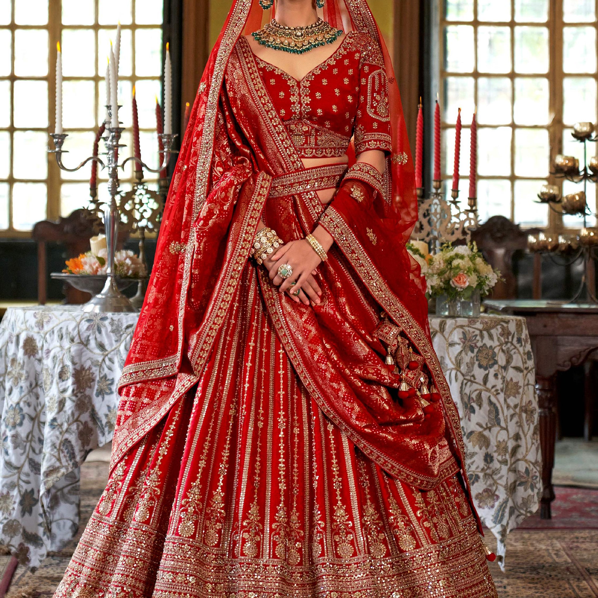 Gorgeous Red Heavy Embroidery Silk Bridal Lehenga Choli With Double Dupatta