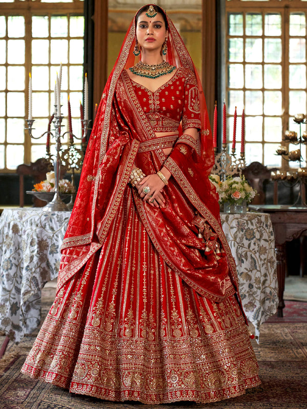Gorgeous Red Heavy Embroidery Silk Bridal Lehenga Choli With Double Dupatta