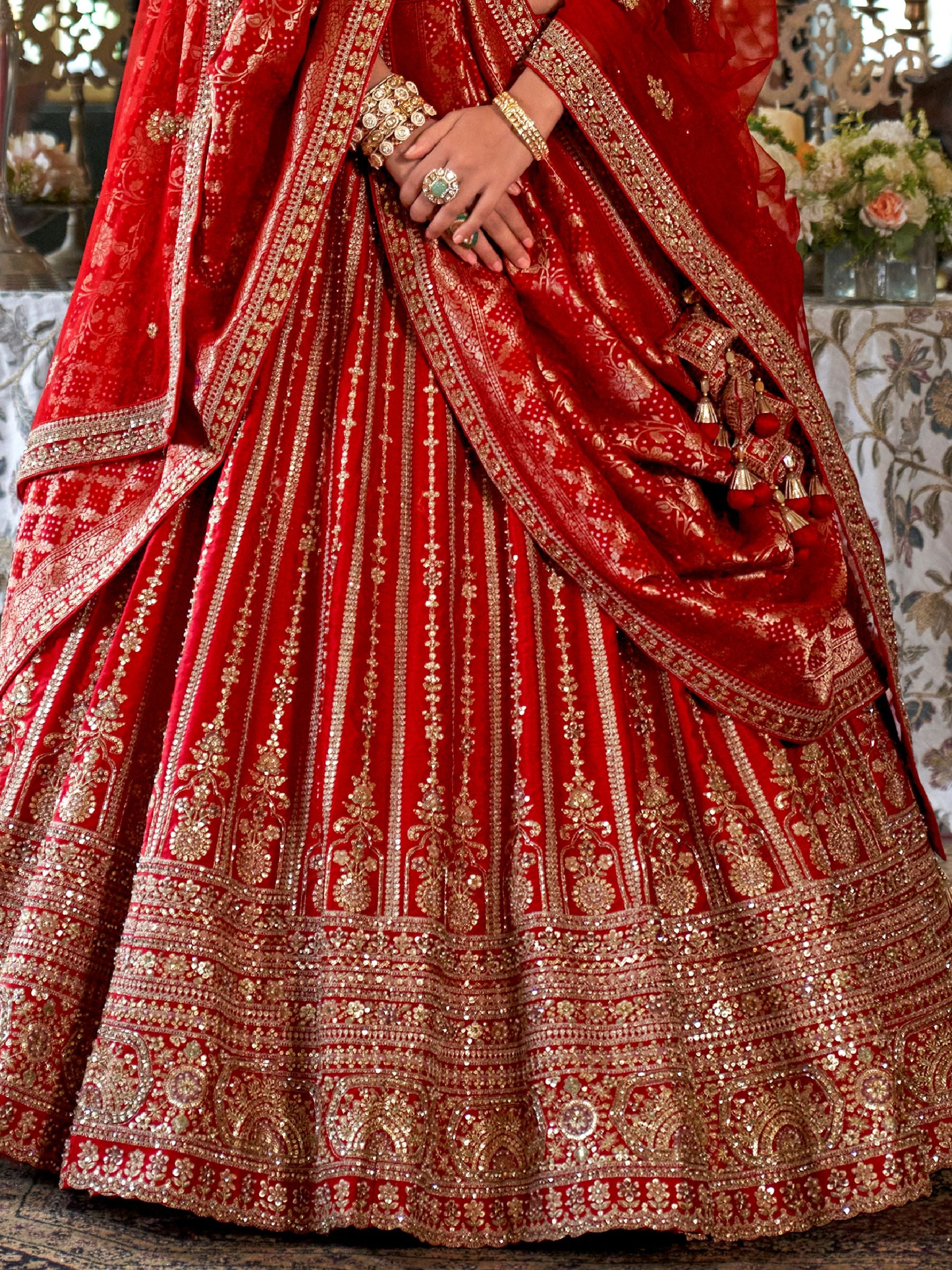 Gorgeous Red Heavy Embroidery Silk Bridal Lehenga Choli With Double Dupatta
