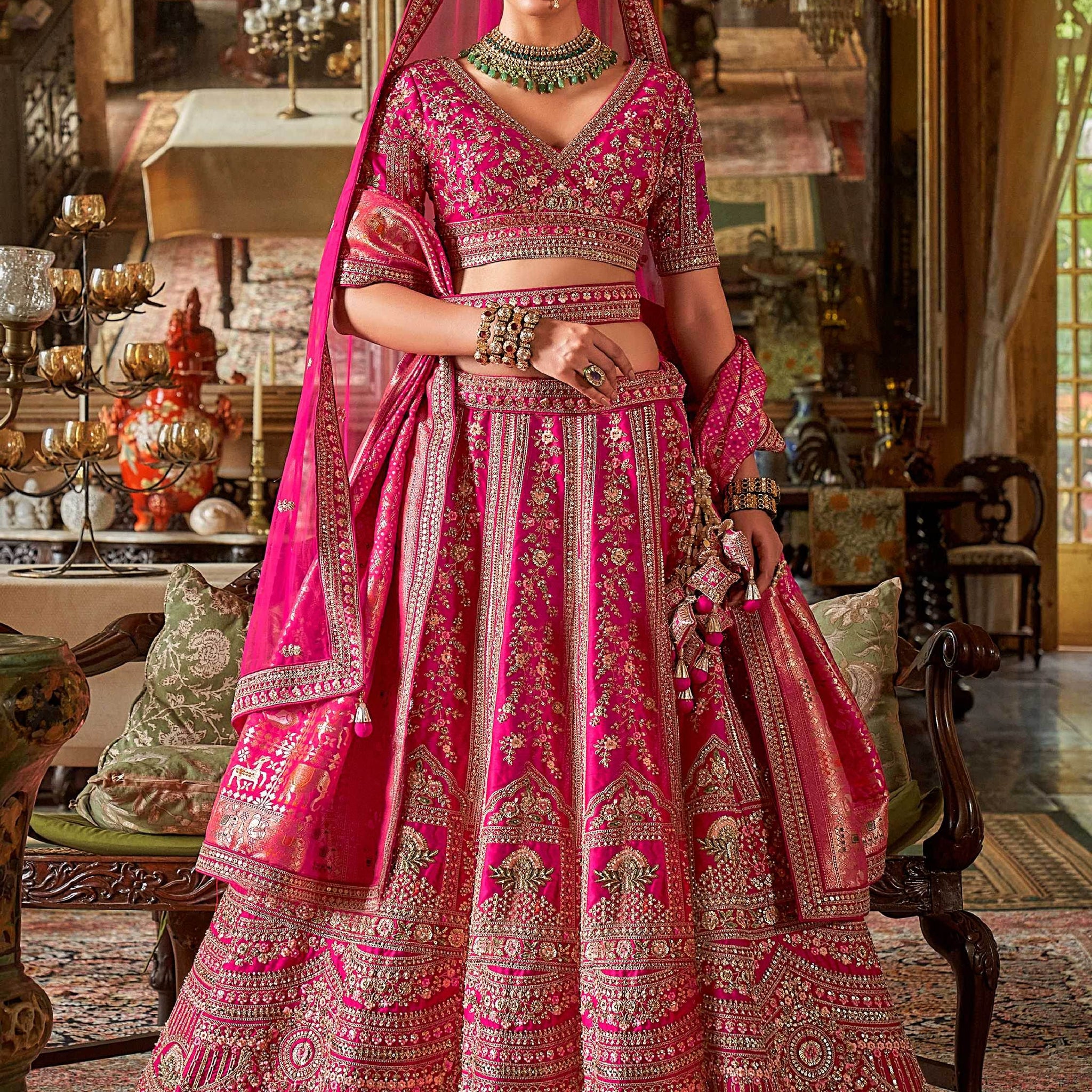 Terrific Rani Pink Floral Embroidery Silk Bridal Lehenga Choli With Double Dupatta