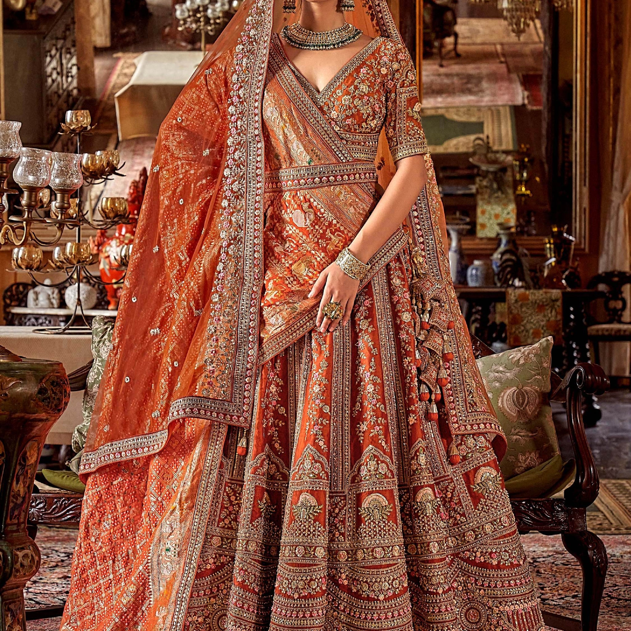 Awesome Orange Embroidered Silk Bridal Lehenga Choli With Double Dupatta