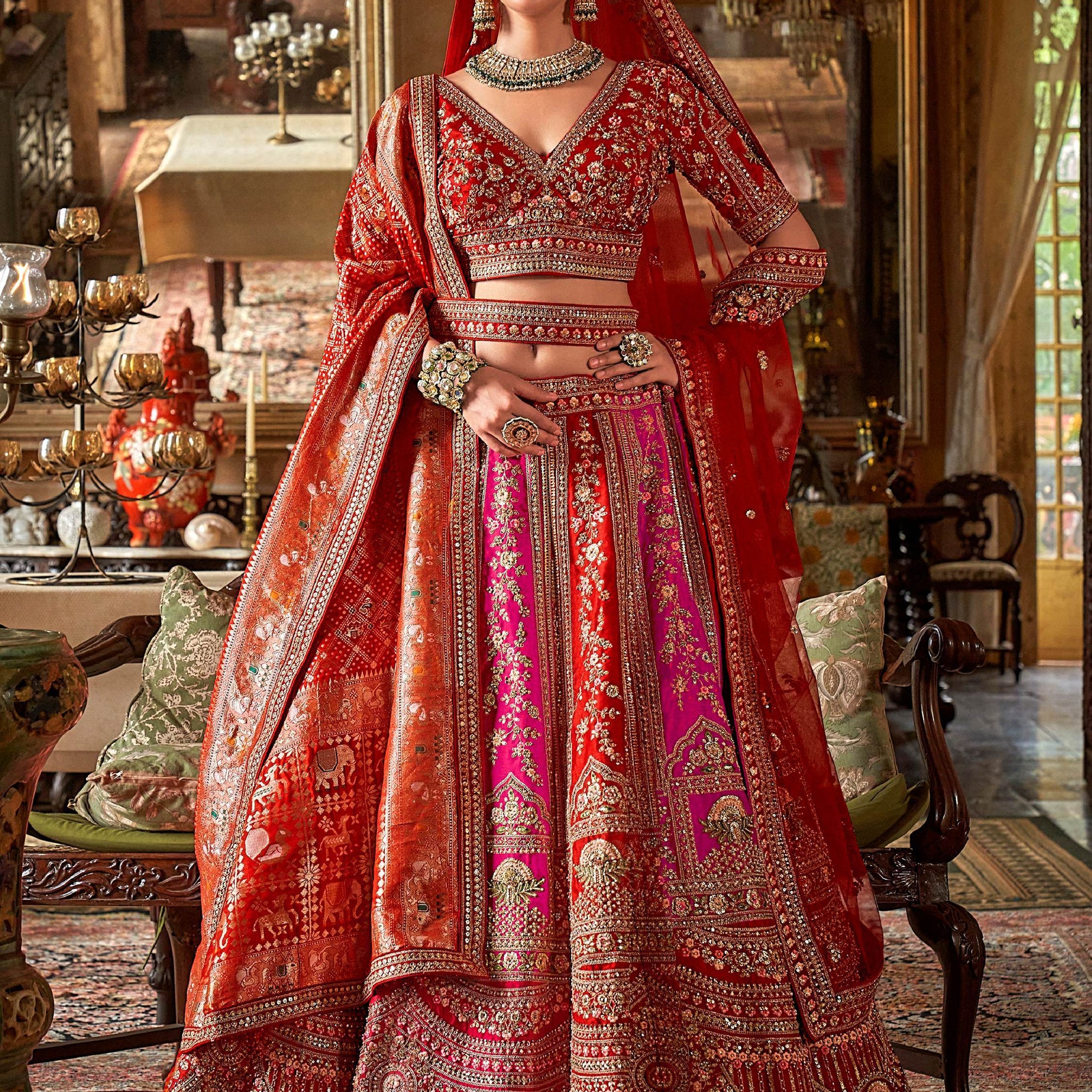 Sensational Pink & Red Pearl Work Silk Bridal Lehenga Choli With Double Dupatta