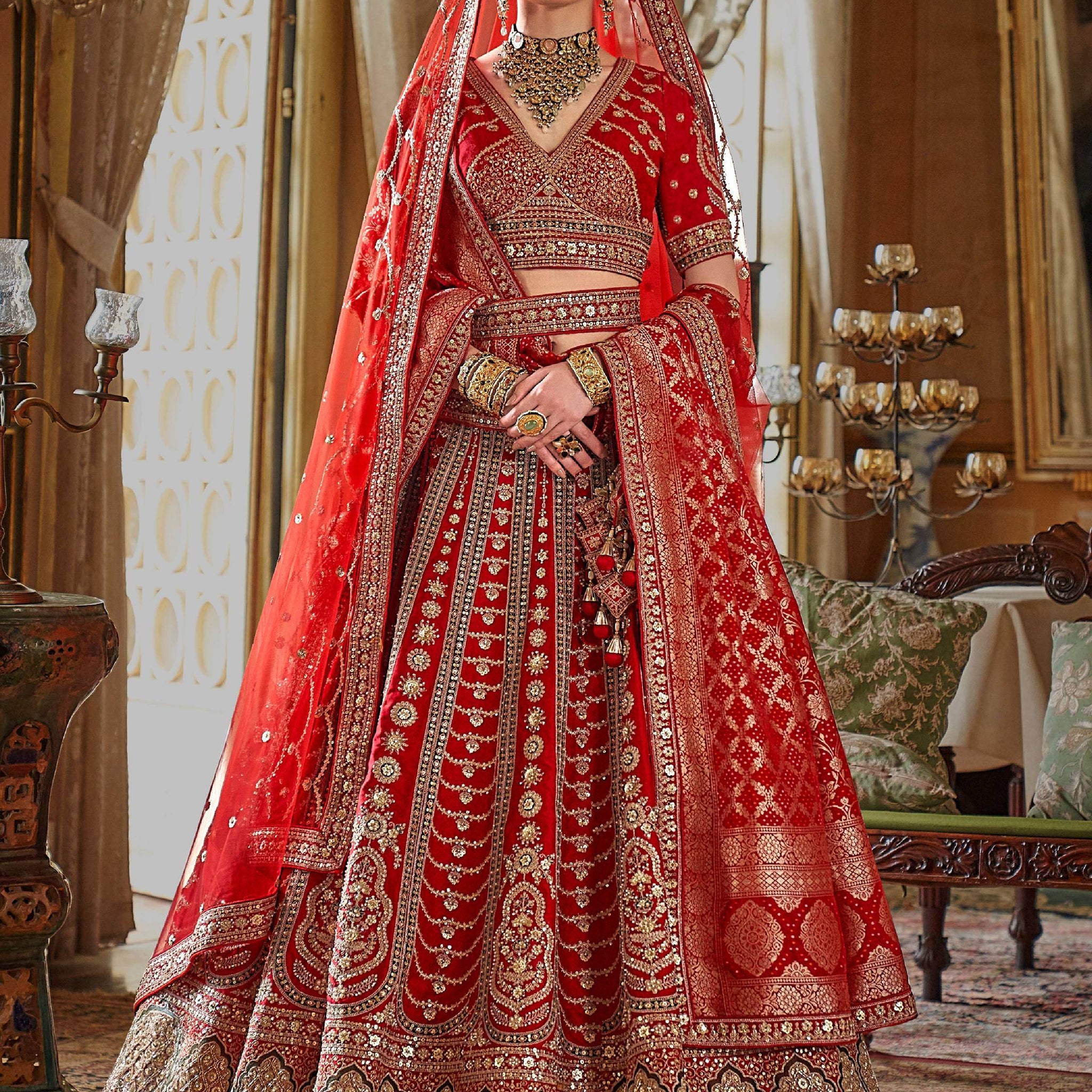 Impressive Red Heavy Embroidered Silk Bridal Lehenga Choli With Double Dupatta