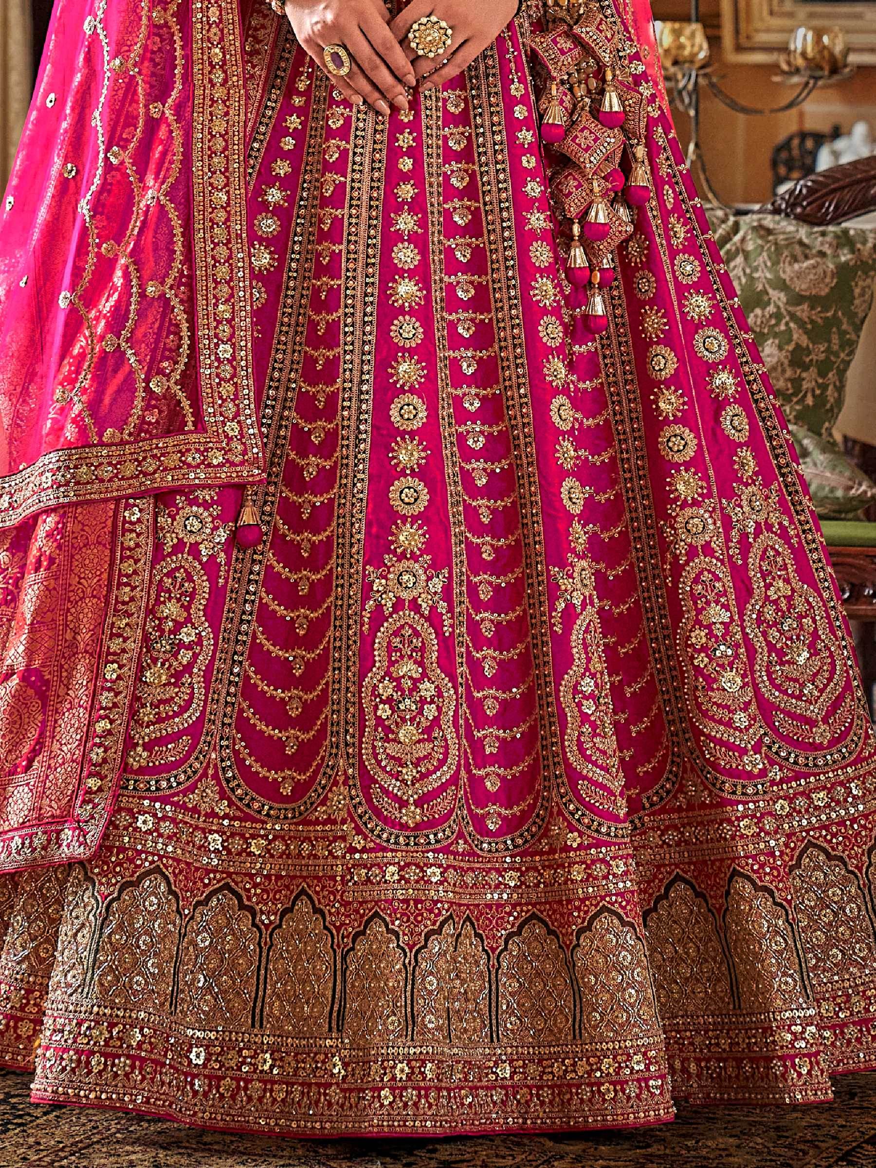 Pretty Rani Pink Sequins Silk Bridal Lehenga Choli With Double Dupatta