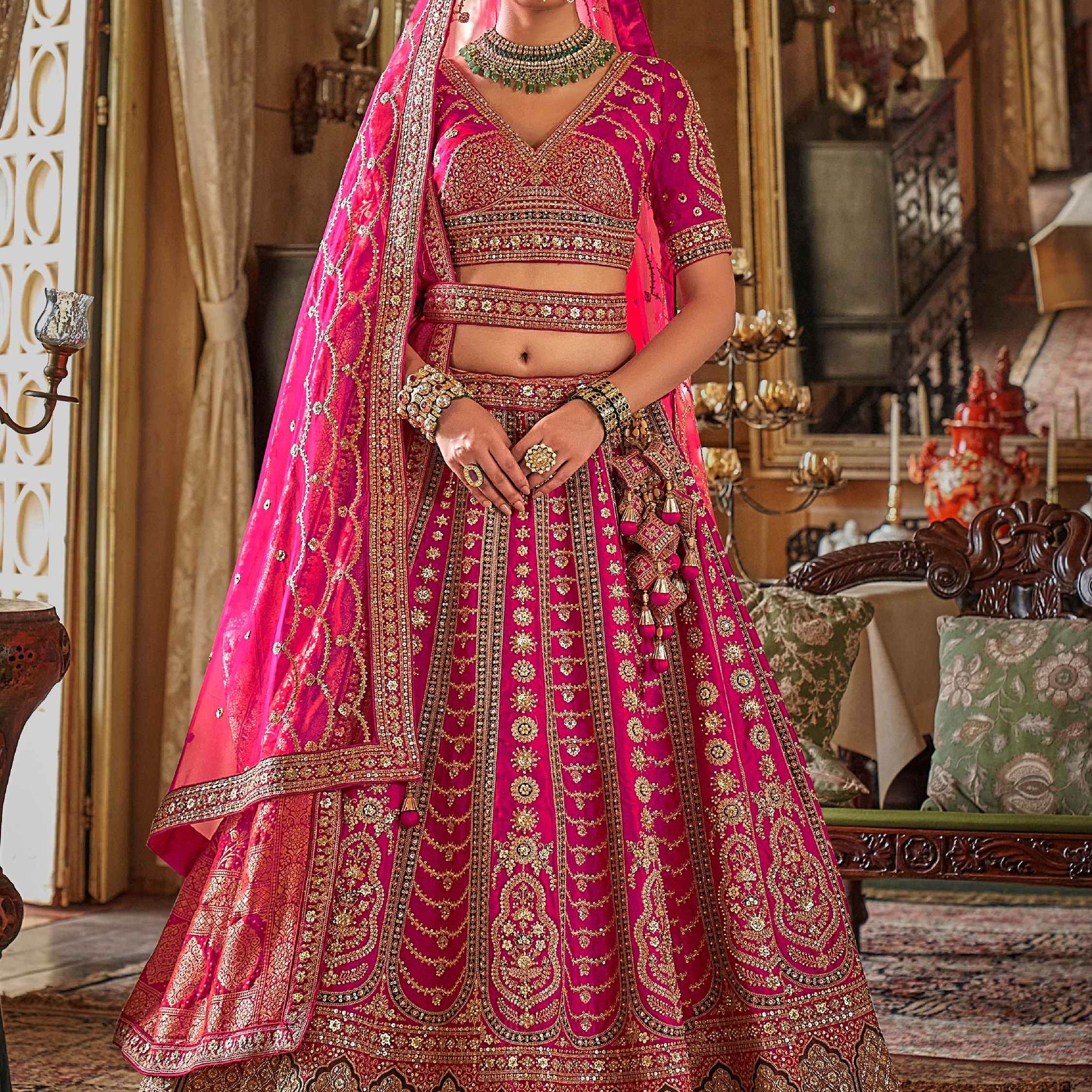 Pretty Rani Pink Sequins Silk Bridal Lehenga Choli With Double Dupatta